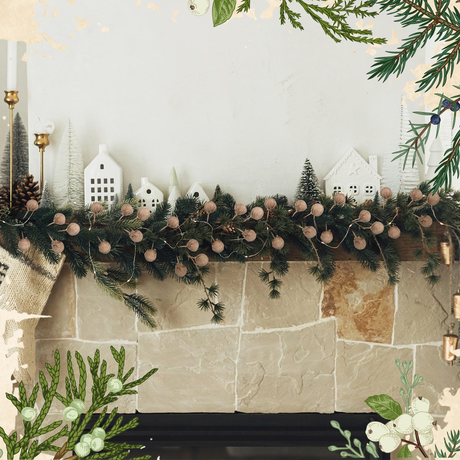 Tigeen 6 Pcs Burlap Spheres Ball Pick Farmhouse Christmas Tree Decoration Rustic Christmas Tree Ornaments Topper DIY Crafts Xmas