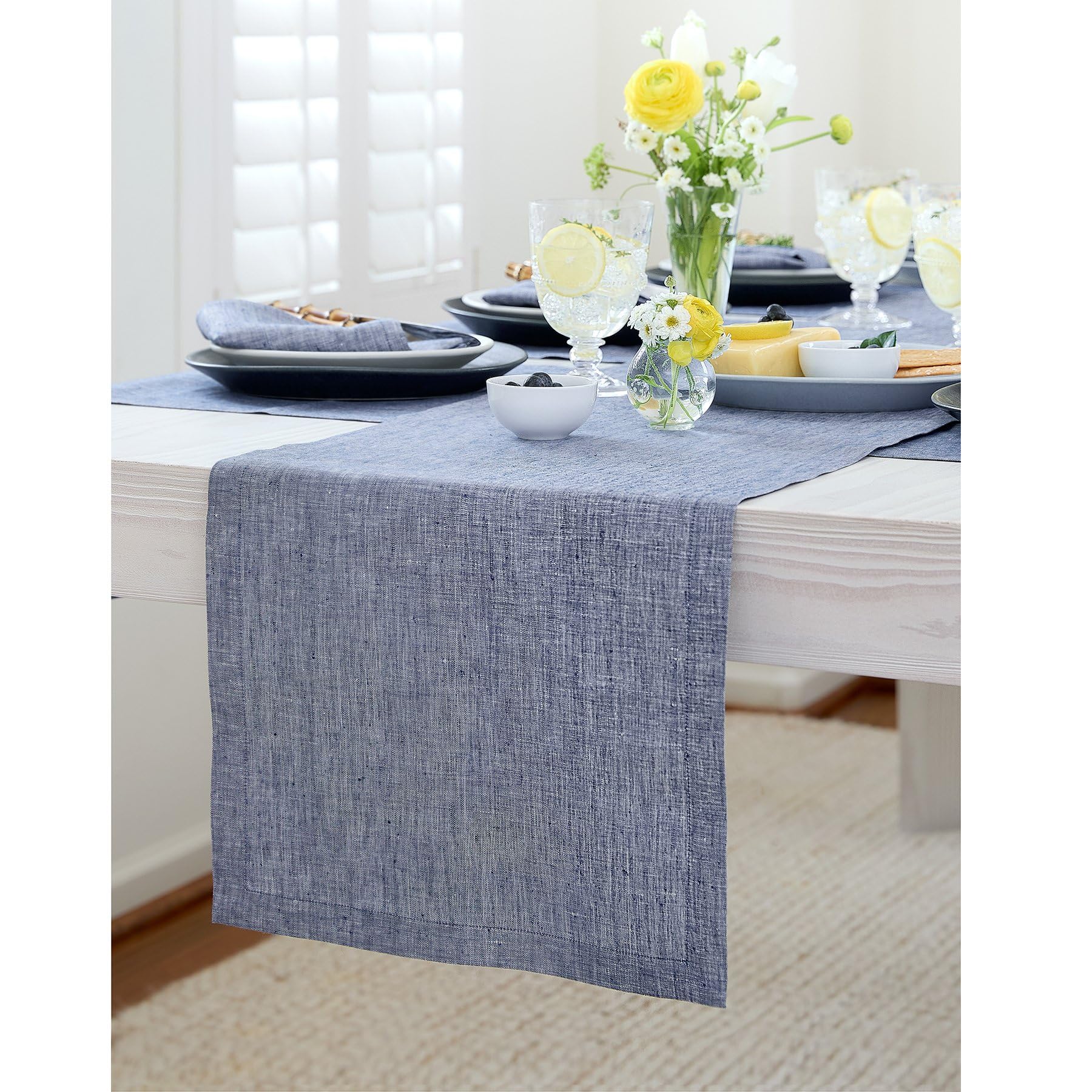 Solino Home Linen Table Runner 60 Inches Long - 100% Pure Linen Chambray Indigo Table Runner 14 X 60 Inch - Machine Washable Din