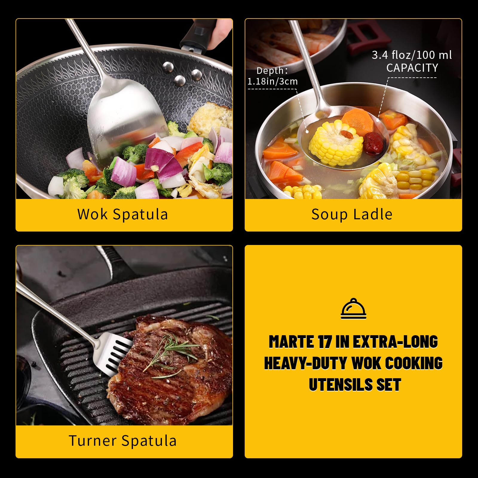 Wok Spatula And Ladle Tools Set,16.5-17 Long Handle 304 Stainless Steel Wide Wok Spatula And Ladle Set For Wok Cooking,Heat Resi