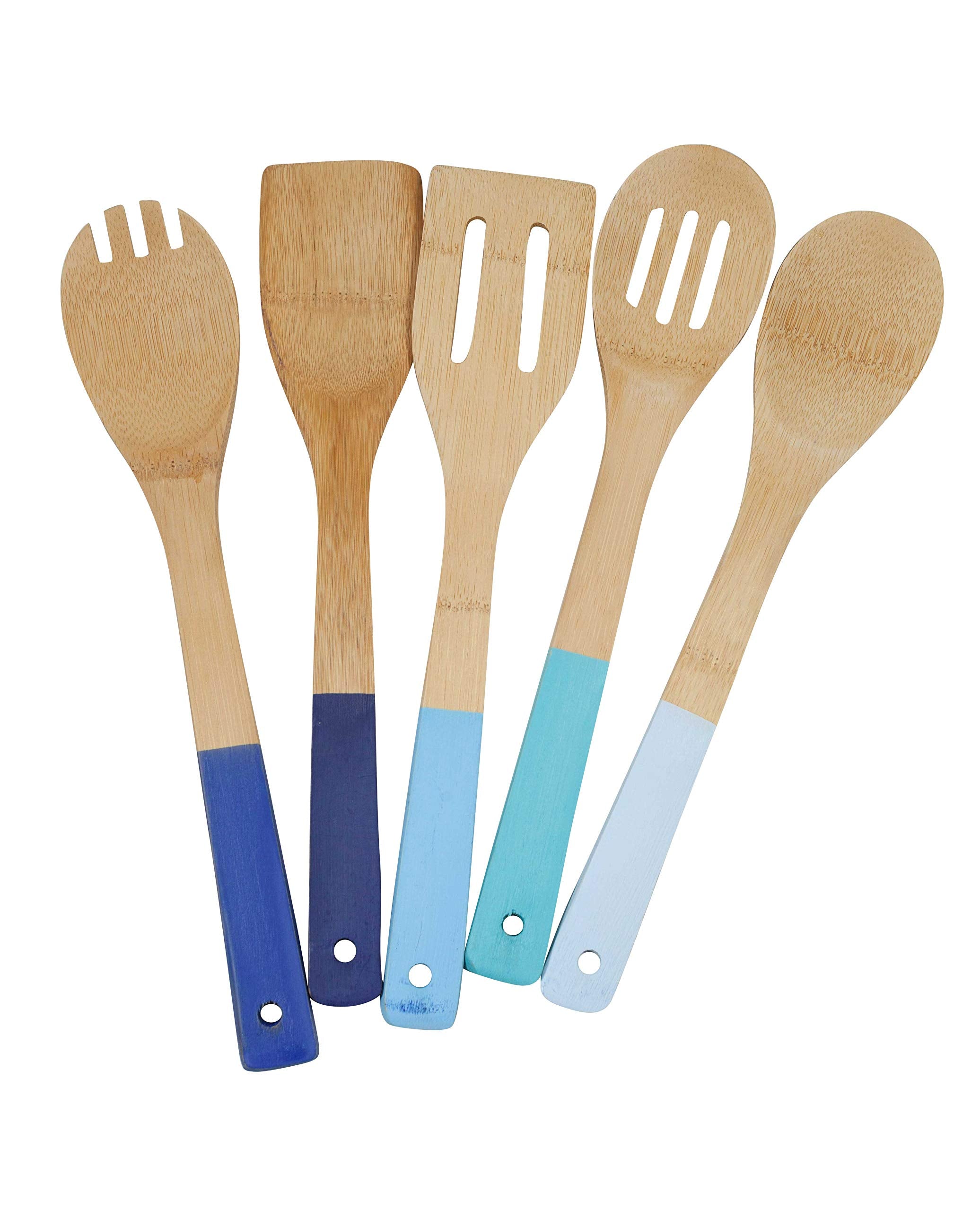 Core Bamboo 5 Piece Bamboo Kitchen Utensil Set - Includes Spoon, Slotted Spoon, Spork, Spatula And Solid Turner - Assorted Blue
