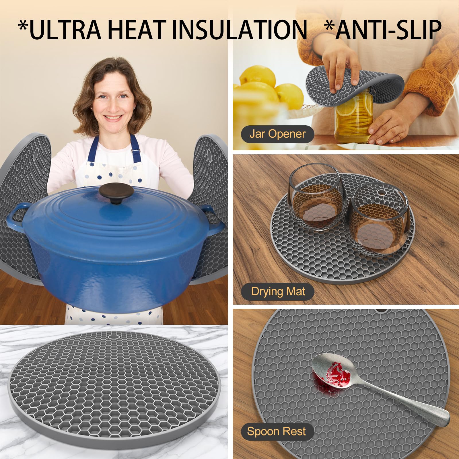 Ultra Thick 8Mm Silicone Trivets For Hot Dishes Pots And Pans, Silicone Trivet Mat Hot Plates To Protect Table, Silicone Hot Pad