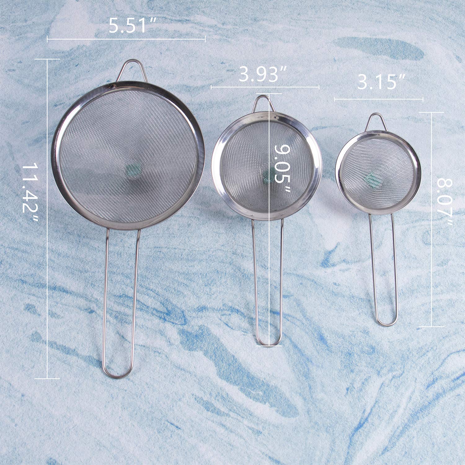 Auear, Fine Mesh Strainer Stainless Steel Conical Sieve Tea With Long Handle For Kitchen (3 Pack, 3'', 4'', 5.5'' Diameter)