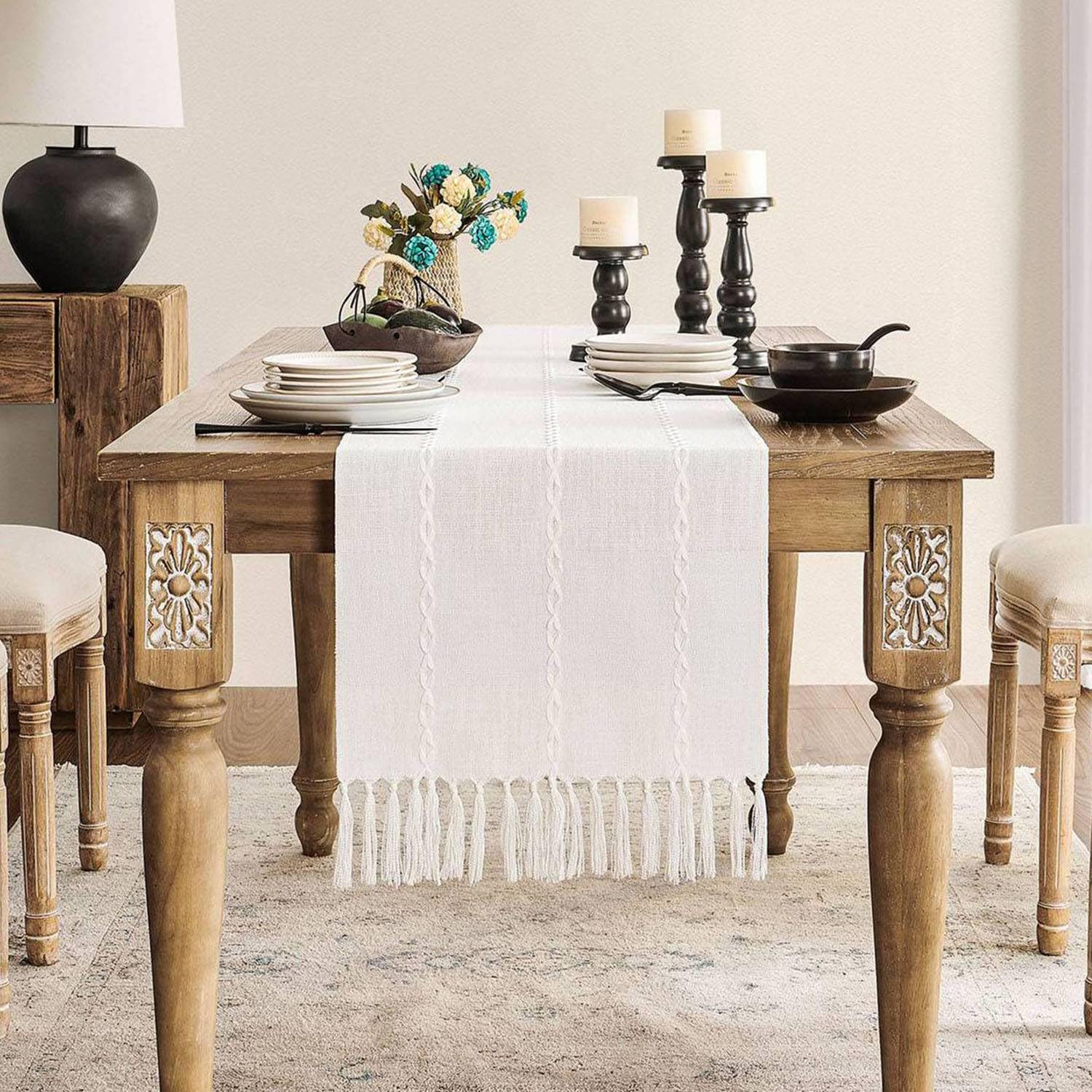 Zeemart Farmhouse Table Runner, Rustic Table Runners 72 Inches Long, Linen Boho Table Runner, Braided Striped White Table Runner