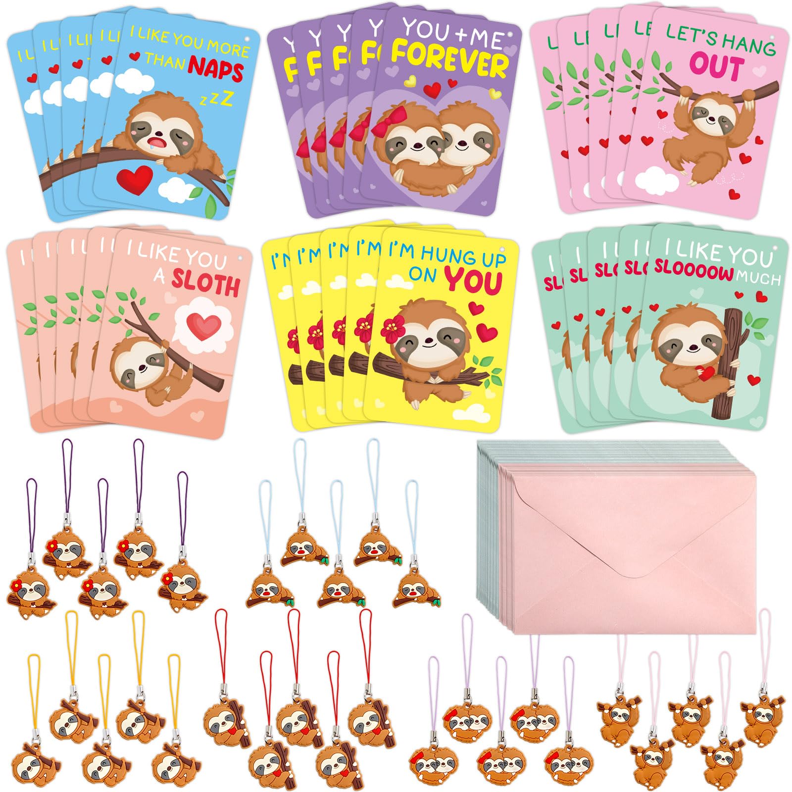 30Pcs Valentines Cards Classroom Kids Sloth Valentines Day Cards With Keychains Valentine Gift Set Exchange Boys Girls Goody Bag