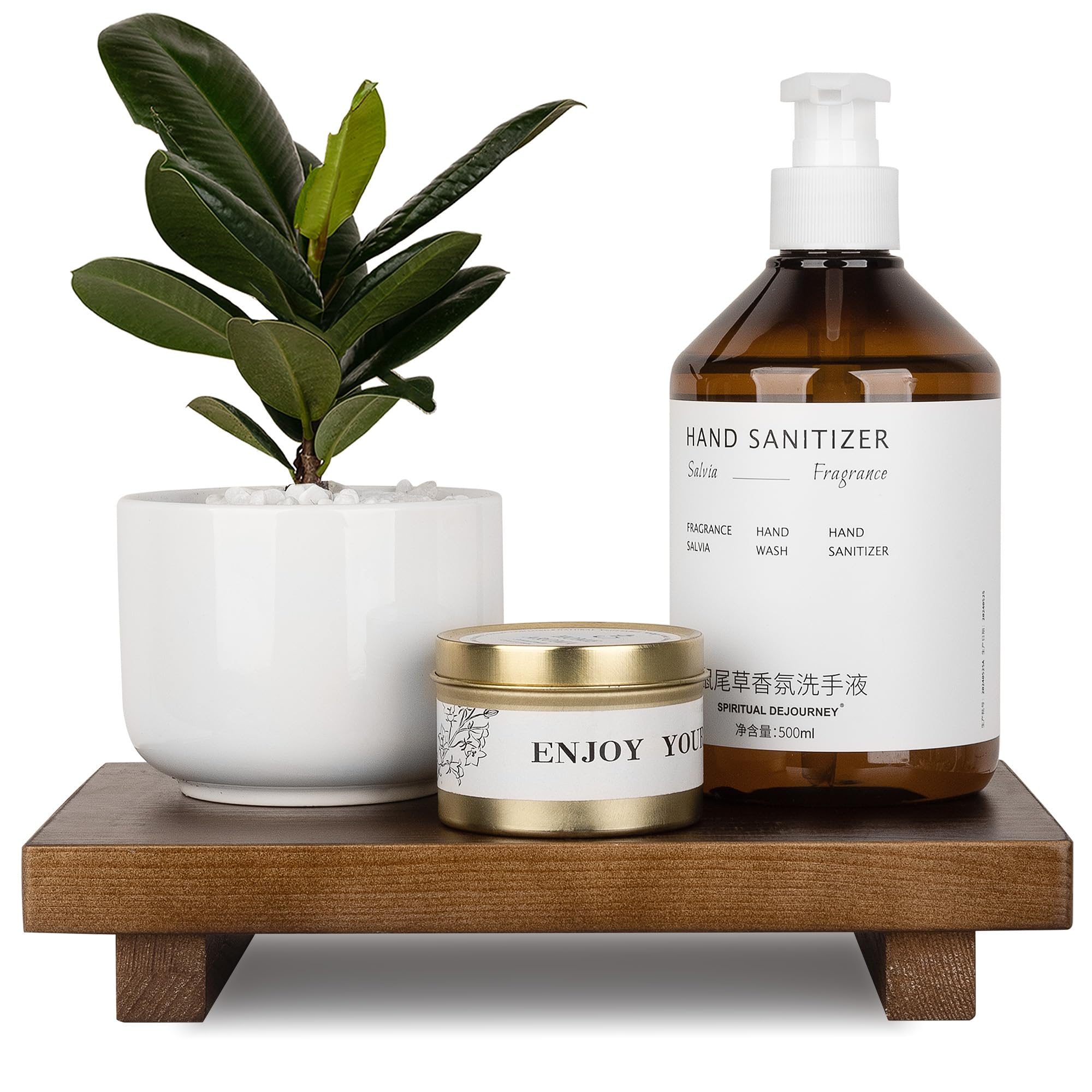 Bathroom Counter Organizer Wood Pedestal Stand Farmhouse Decorative Tray Soap Holder For Kitchen Decor, 9'' X 6'' - Walnut