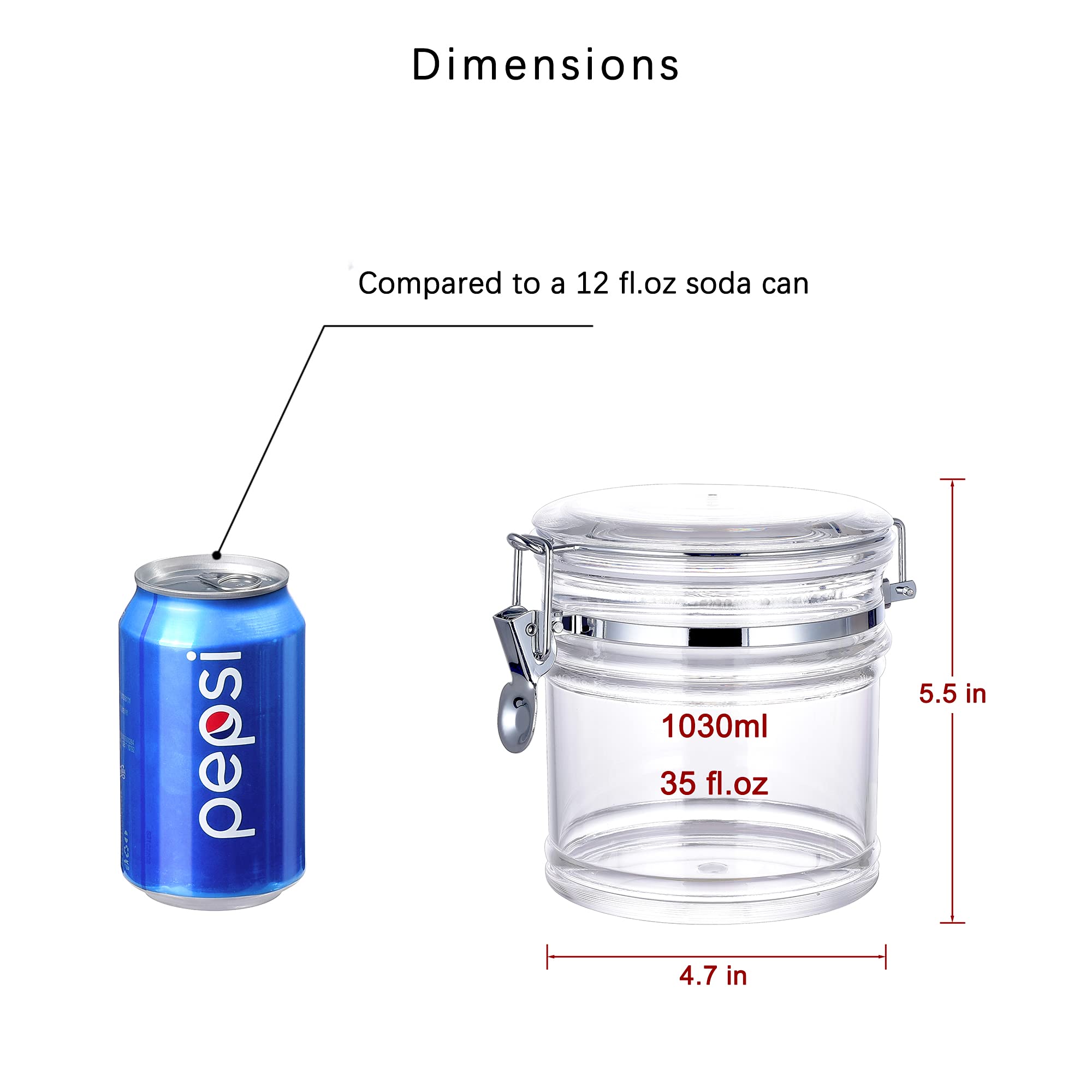 Ivoobr 35 Oz Reinforced Small Acrylic Canister With Locking Clamp, Airtight Flip Jar | Food Storage Container For Flour, Sugar,