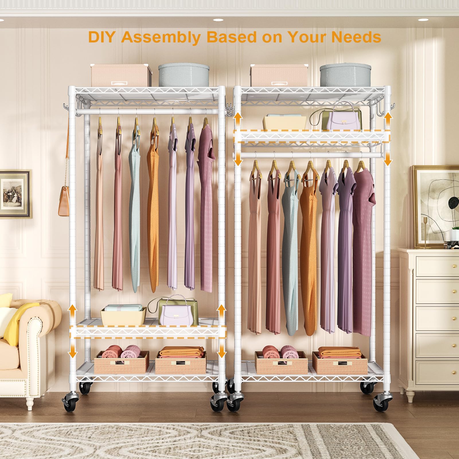 Futassi P6 Medium Rolling Clothes Rack Heavy Duty, Clothing Racks For Hanging Clothes, Freestanding Garment Rack With Wheels, Po