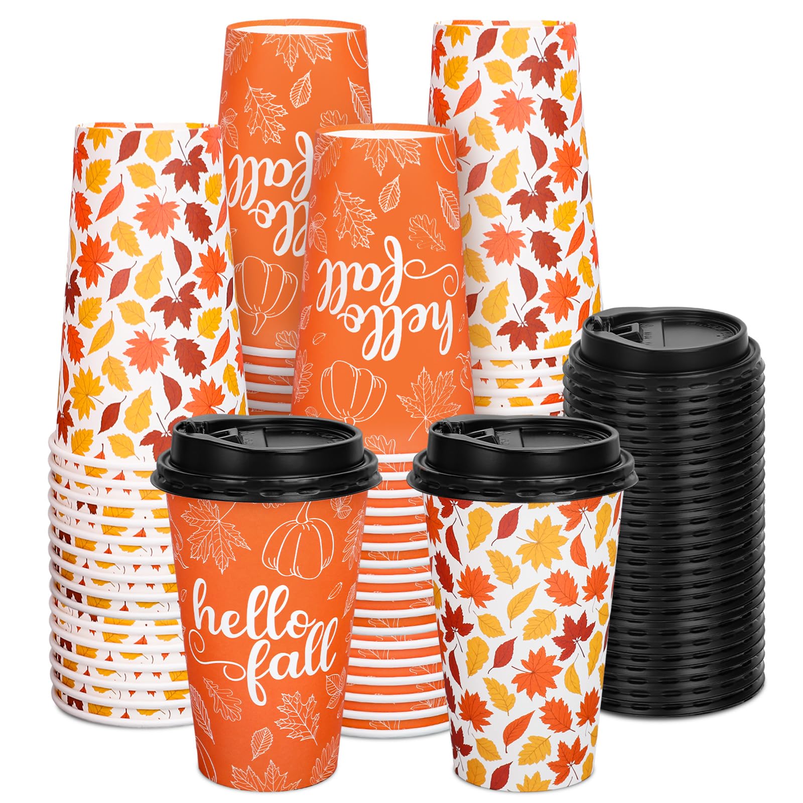 Whaline 50 Pcs Hello Fall Coffee Paper Cups Autumn Leaves Pumpkin 16oz Disposable Cups with Lids for Hot Cold Drinks Thanksgivin