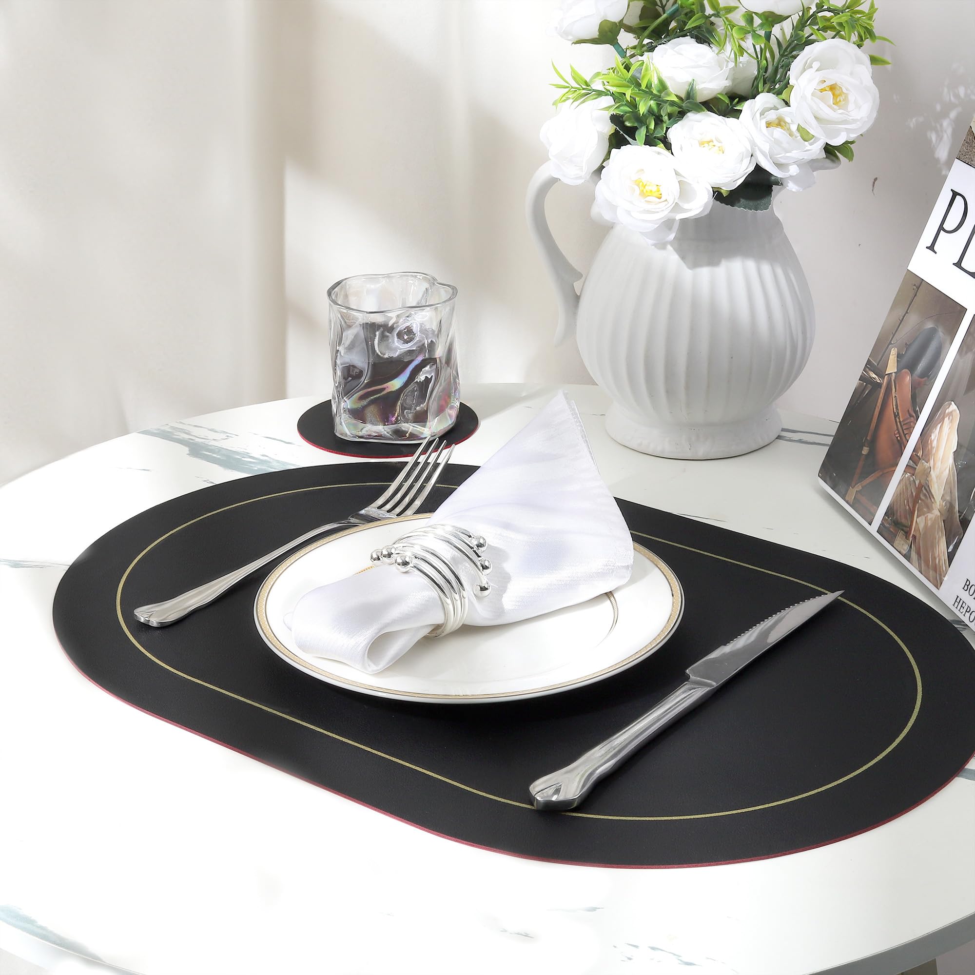 Fanquare Faux Leather Oval Placemats And Coasters Set Of 12 Double-Sided Color Placemat And Small Round Coaster Waterproof Table