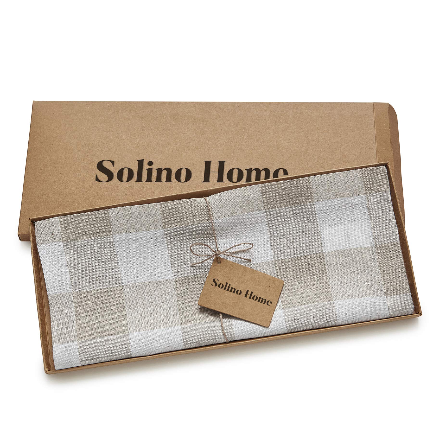 Solino Home Linen Check Table Runner 72 Inches Long - 100% Pure Linen Natural And White Buffalo Plaid Table Runner 14 X 72 Inch