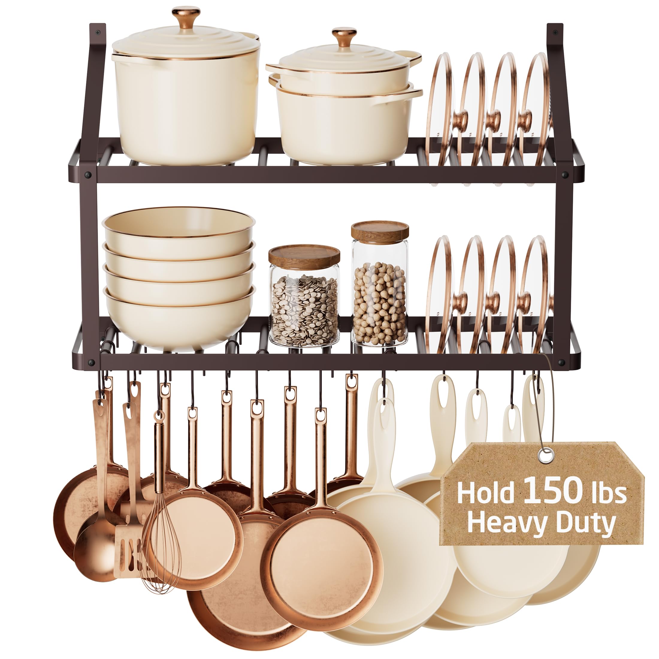 KES 150 lb HighCapacity Oil Rubbed Bronze Pot Rack Wall Mounted with Pot Lid Holder, 34 Inch HeavyDuty Pots and Pans Hanging R