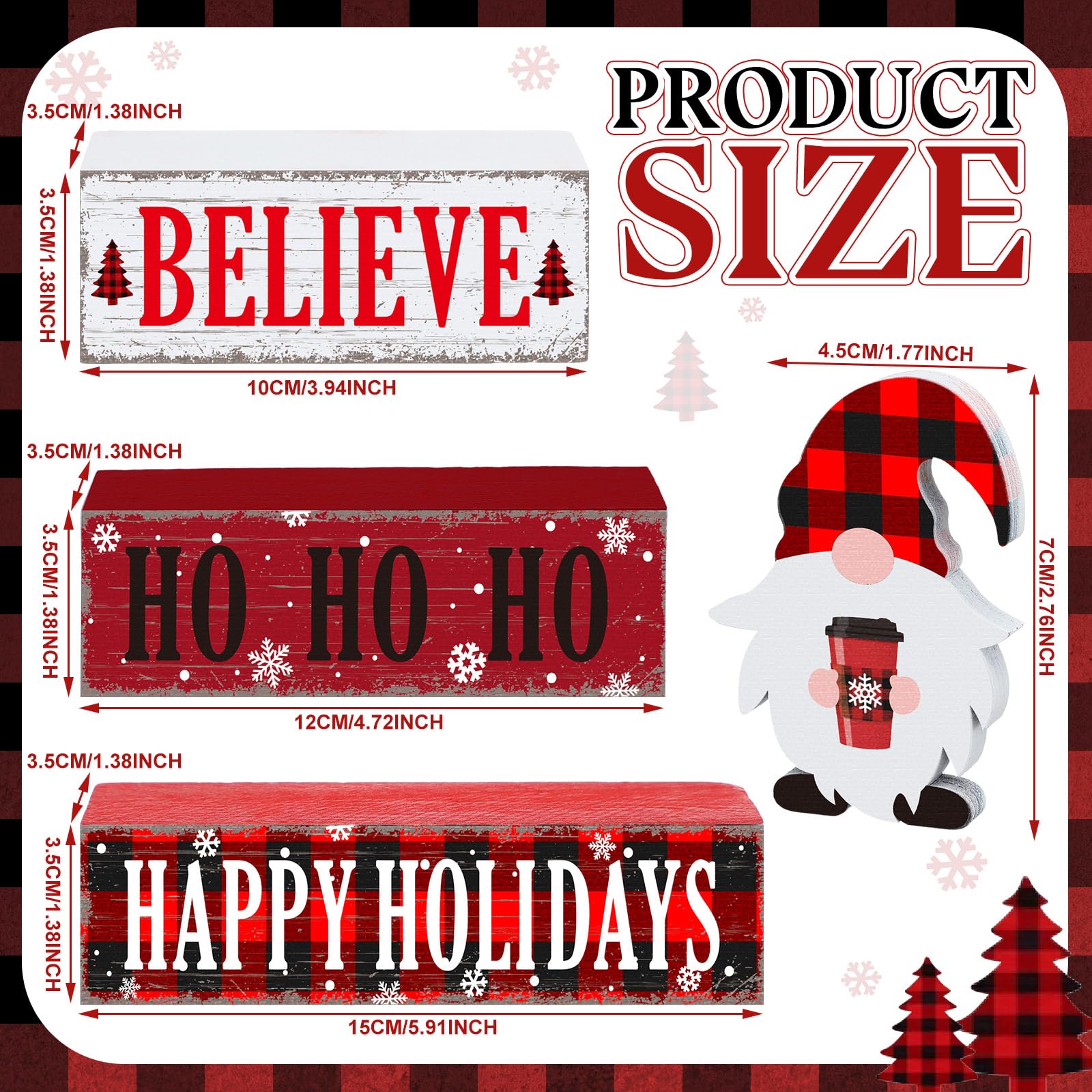 Geelin 4 Pcs Christmas Wooden Table Decorations Xmas Red and White Buffalo Plaid Signs Rustic Happy Holiday Tiered Tray Decor Xm