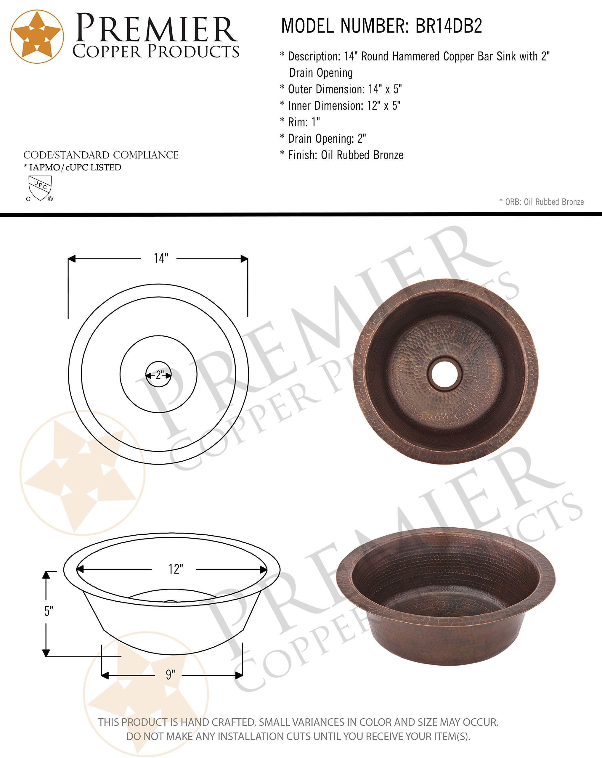 Premier Copper Products Br14Db2 14-Inch Universal Round Hammered Copper Bar Sink With 2-Inch Drain Size, Oil Rubbed Bronze