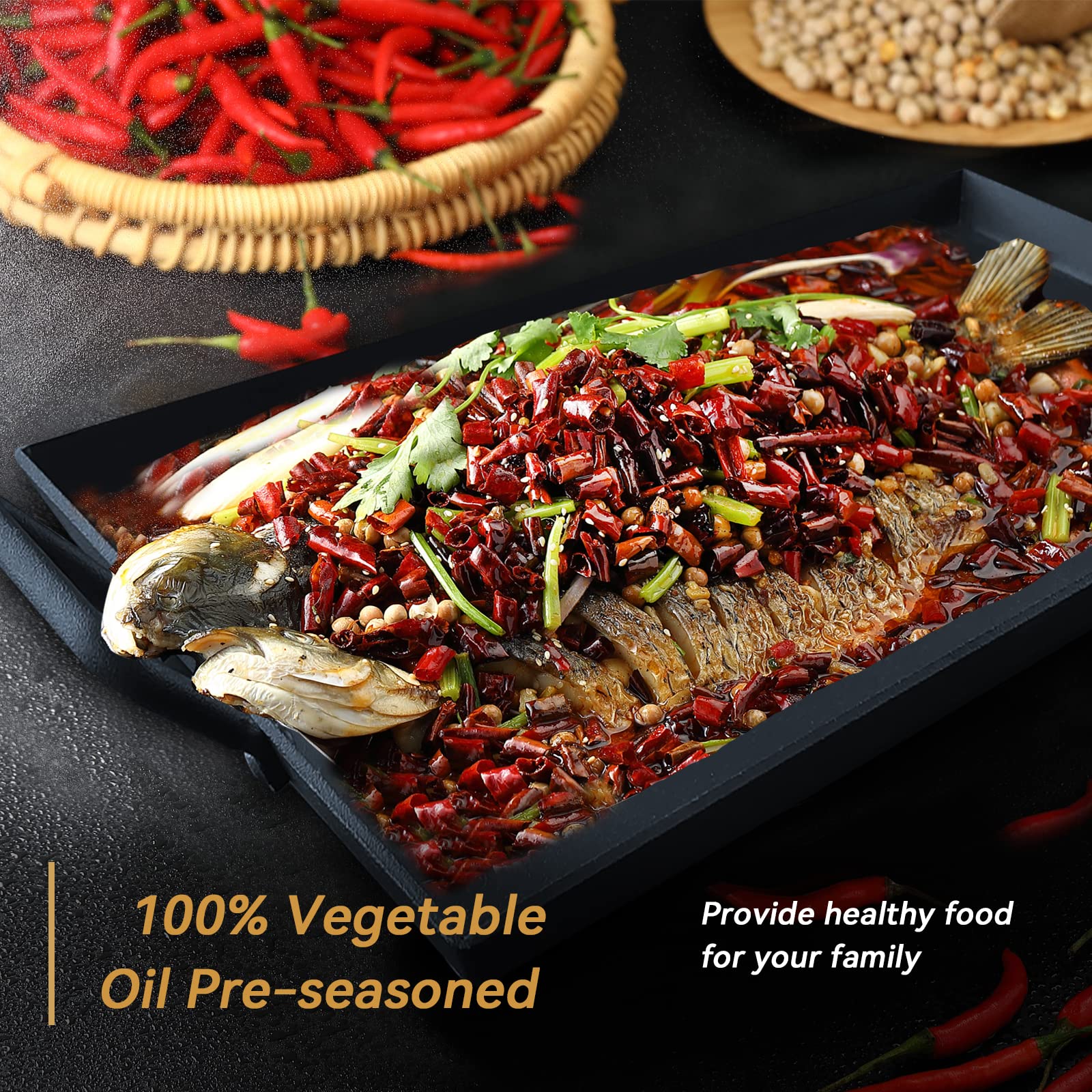 Keleday Cast Iron Griddle Pan - Pre-Seasoned, Non-Stick, 17.68"x10", Black, Square for Indoor/Outdoor Cooking