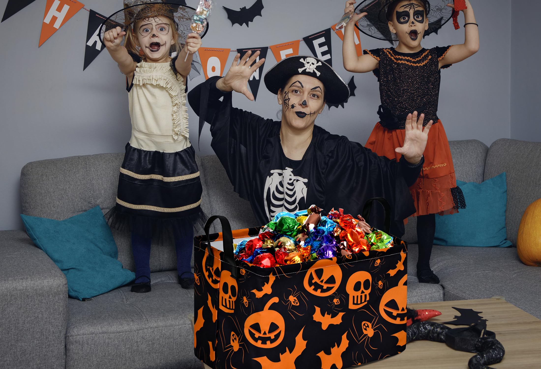 KUNRO Pumpkin Pattern Halloween Storage Gift Basket Canvas Storage Bins with Handles Rectangle Storage Cubes Organizer for Bedro