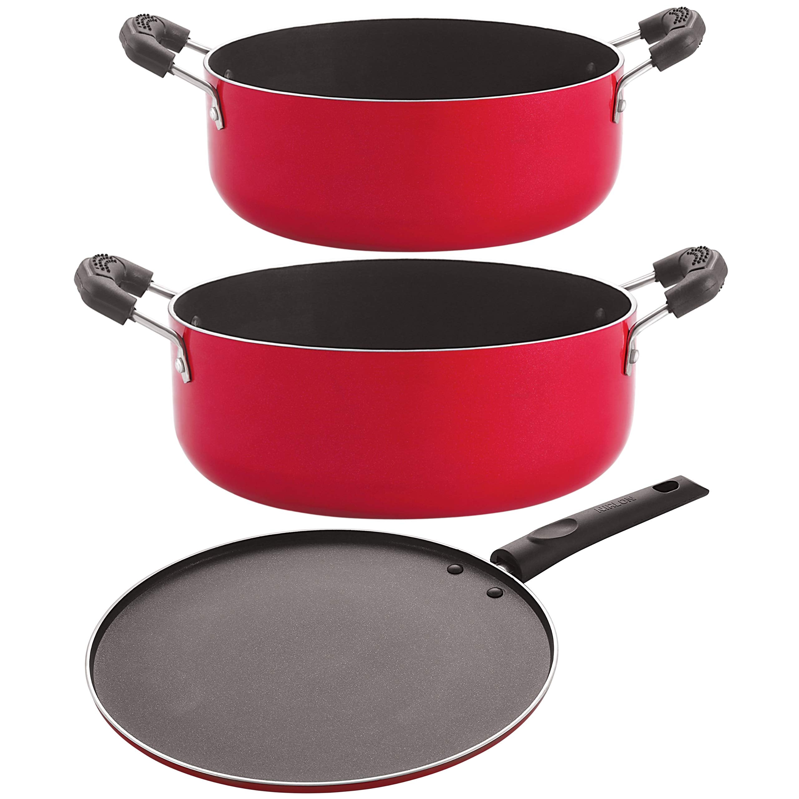 Nirlon NonStick Casserole Smart Tawa Casserole Aluminium Cookware Set, 3Pieces, Red/Black(Cs20_St11_Cs24)