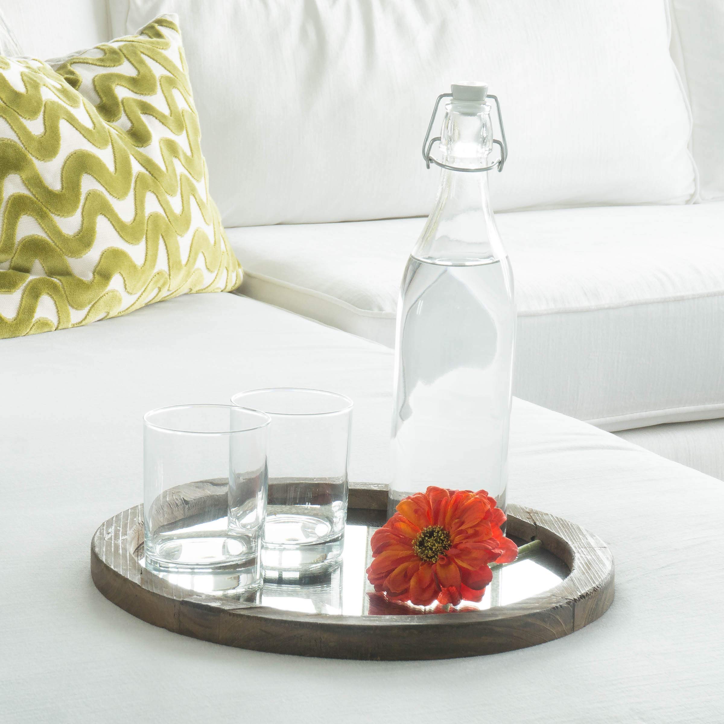 Stonebriar Round Natural Wood Serving Tray With Antique Mirror, Rustic Butler Tray, Unique Coffee Centerpiece For The Coffee Tab