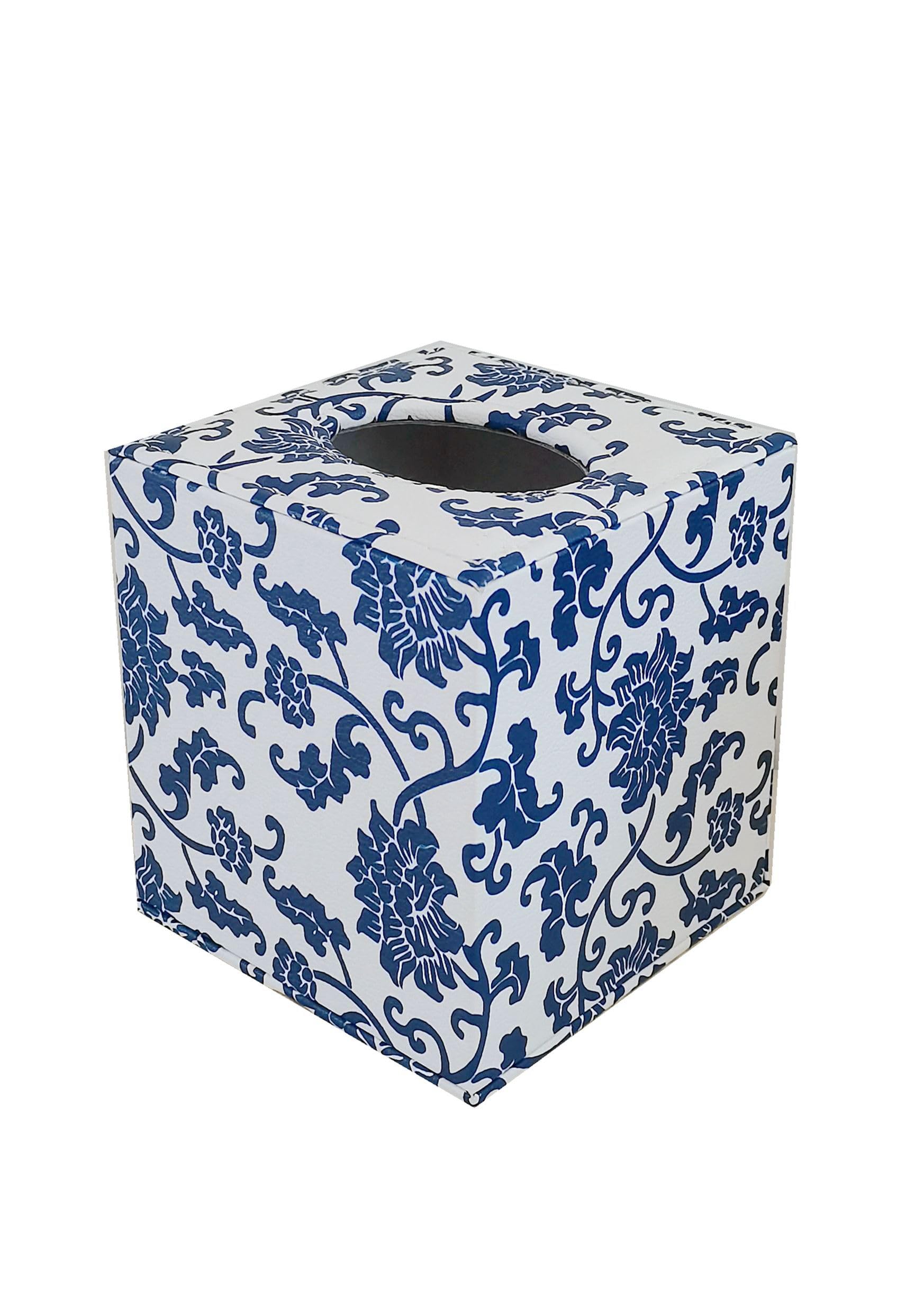 S Forever Faux Leather Tissue Box Cover - Square, Blue and White Porcelain, Model SNF005