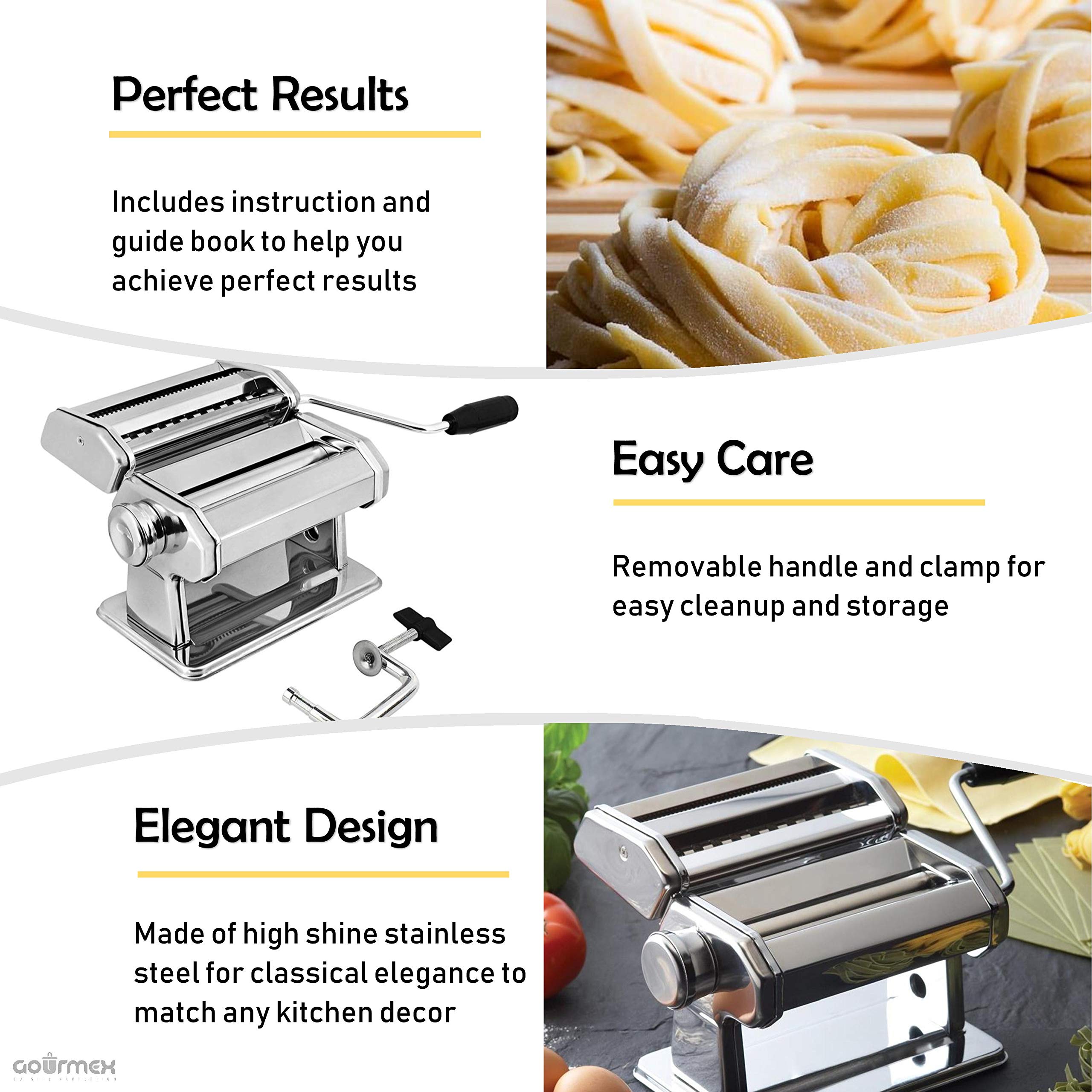 Gourmex Pasta Maker Machine Stainless Steel Manual | With Adjustable Thickness Settings | Perfect For Homemade Spaghetti Fettucc