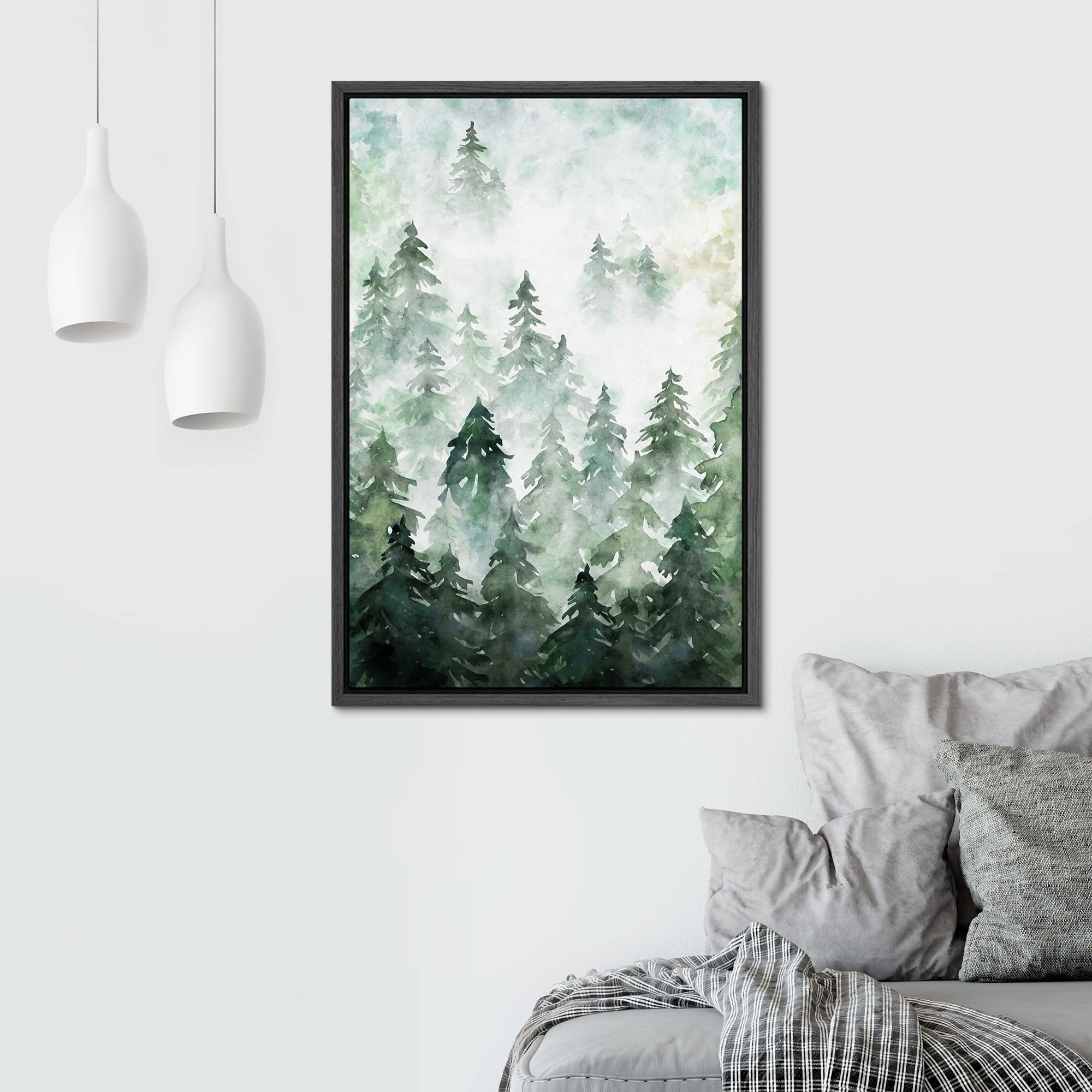 Signwin Framed Canvas Print Wall Art Woodland Nursery Decor Aerial View Green Pastel Forest Tree Nature Modern Art Decorative La