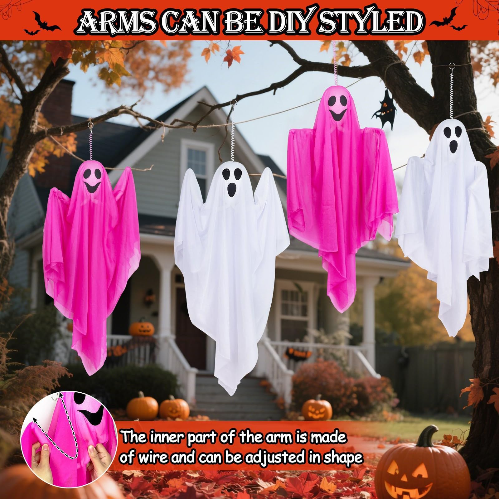 [ Sound Activated ] Light up Halloween Animatronics Hanging Ghost Decorations with Creepy Sound & Shake Hands, Lighted Flying Gh