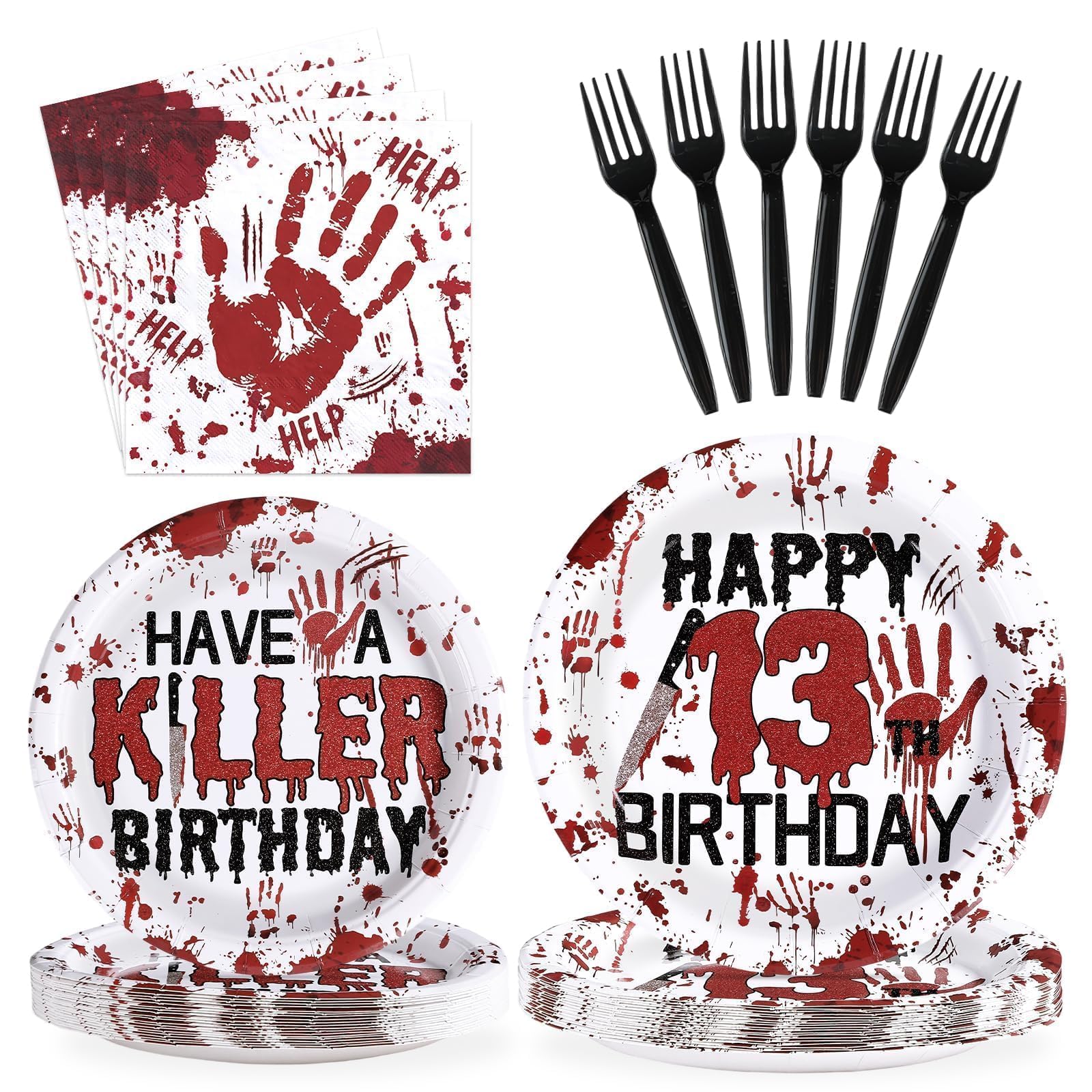 Grencian 96Pcs Killer Happy 13th Birthday Party Supplies Bloody Hand Themed Paper Plates and Napkins Horror Tableware for Boy Gi