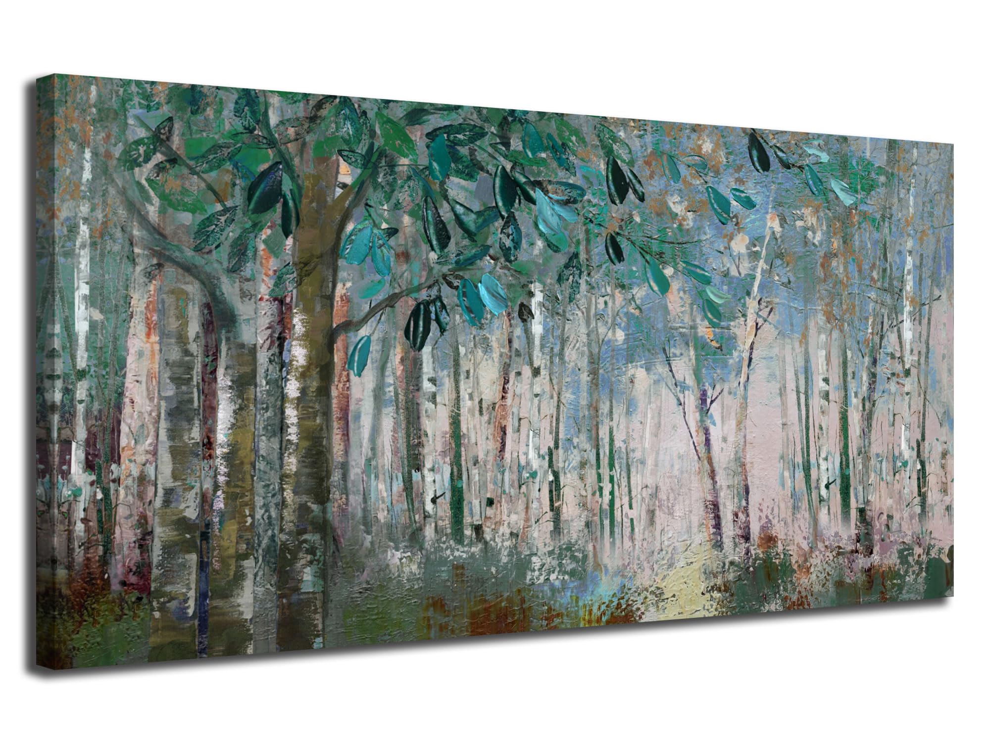 Ardemy Green Tree Canvas Wall Art Forest Landscape Picture Modern Birch Trees Nature Painting, Abstract Artwork 40''X20'' Framed