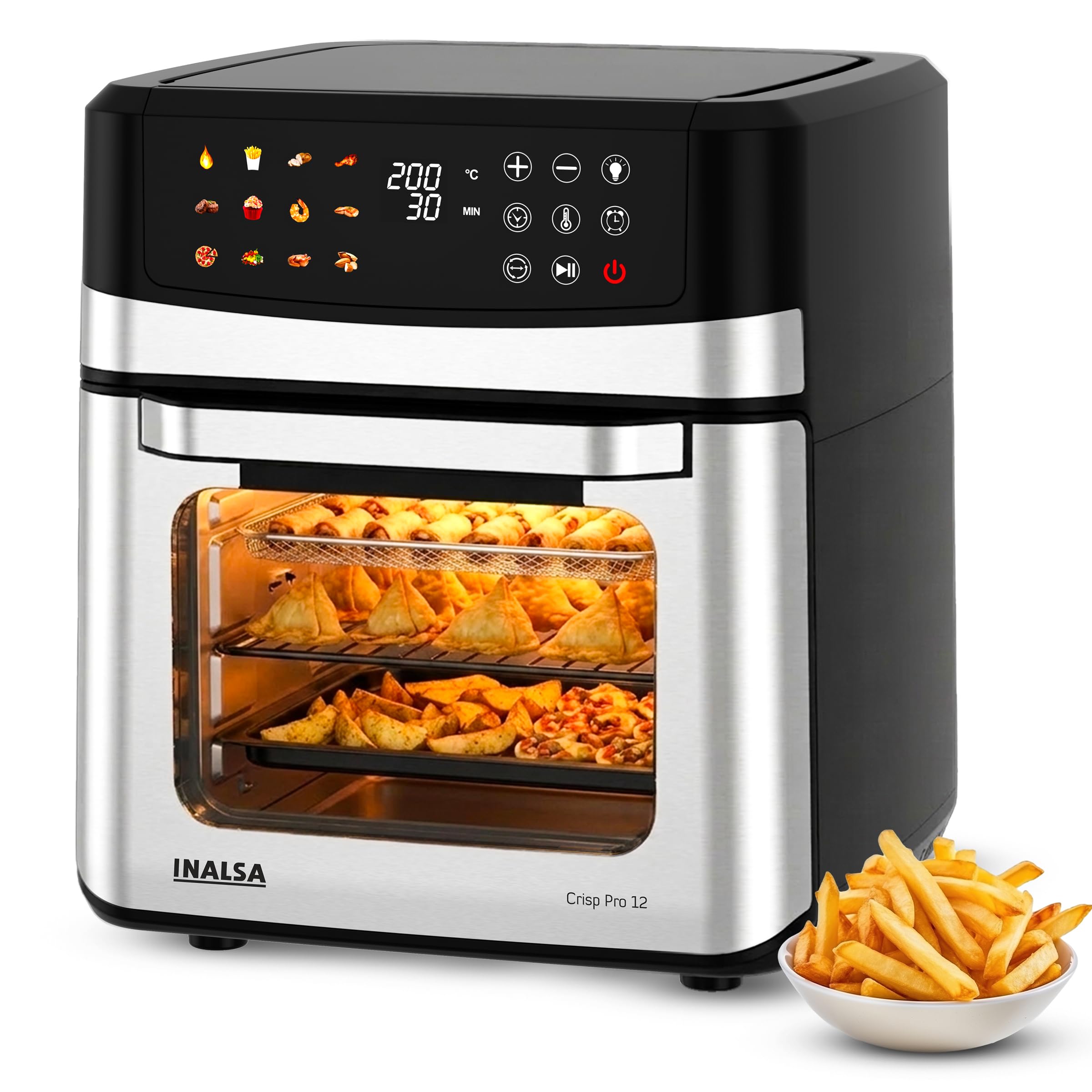 Inalsa Air Fryer Oven|12L,1700W|Stainless Steel Body|12-In-1 Functions,Fry,Bake,Grill,Dehydrate&Reheat|12 Preset|Rotisserie&Conv