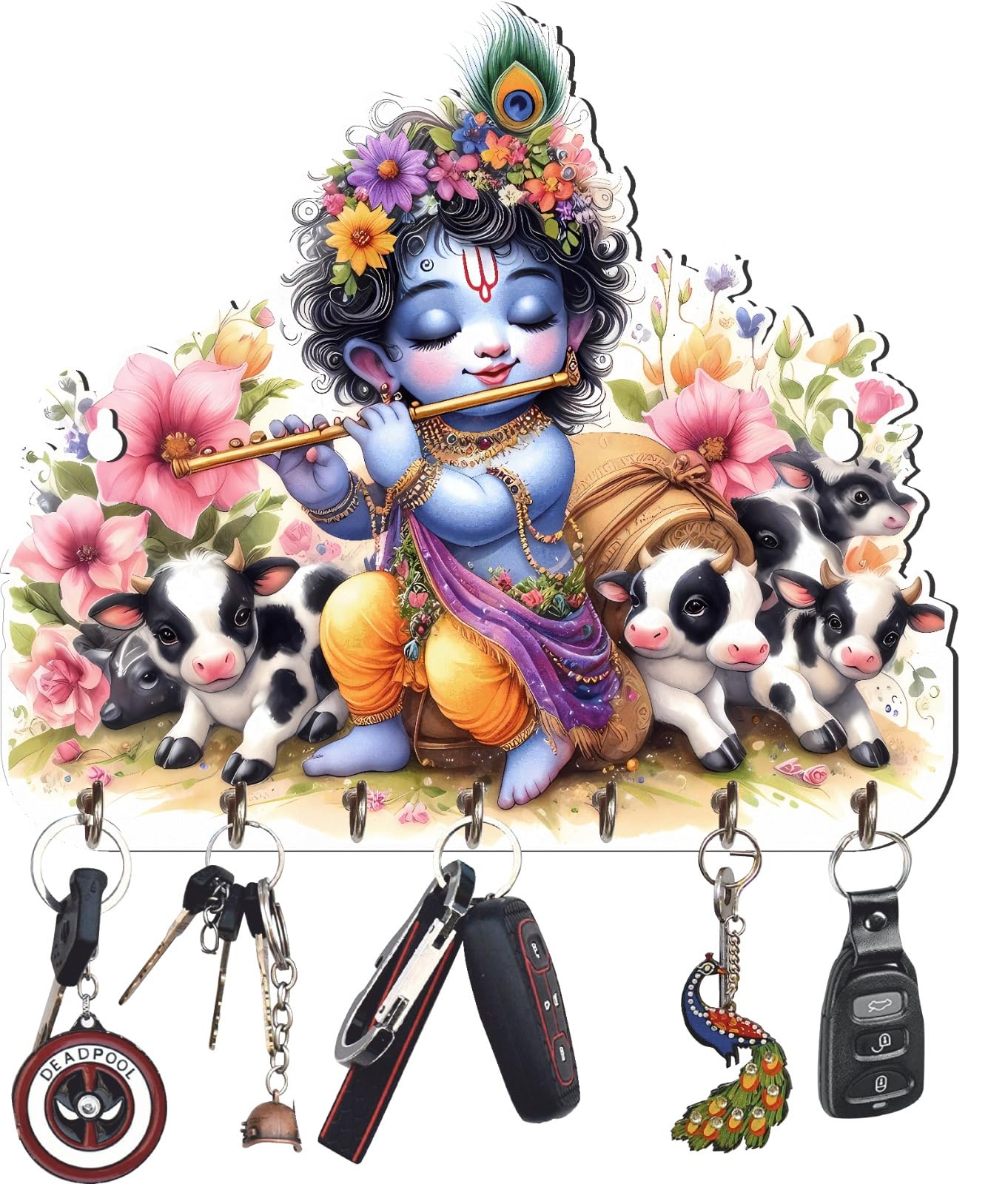 APS ART PLUS STORE Wood Decorative Cute Krishna Playing Flute Key Holder Wall Mount, 7 Hooks, Floral Pattern with Cows, Multicol
