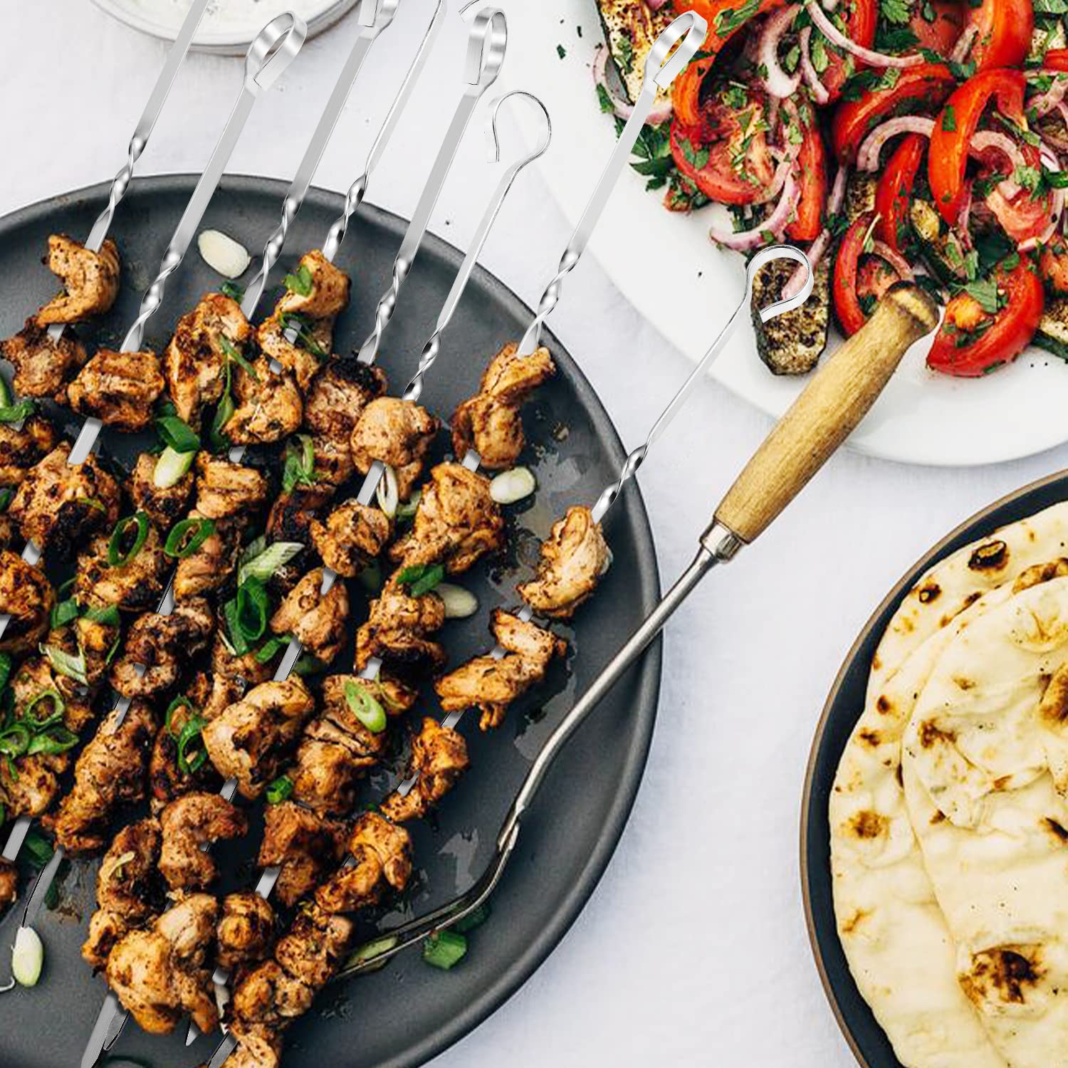 Kabob Skewers 14'' Stainless Steel Long BBQ Barbecue Skewers  Flat Metal Kebob Sticks Wide Reusable Grilling Skewers for Meat Chicken  Set of 12pcs with Storage Bag by JY COOKMENT