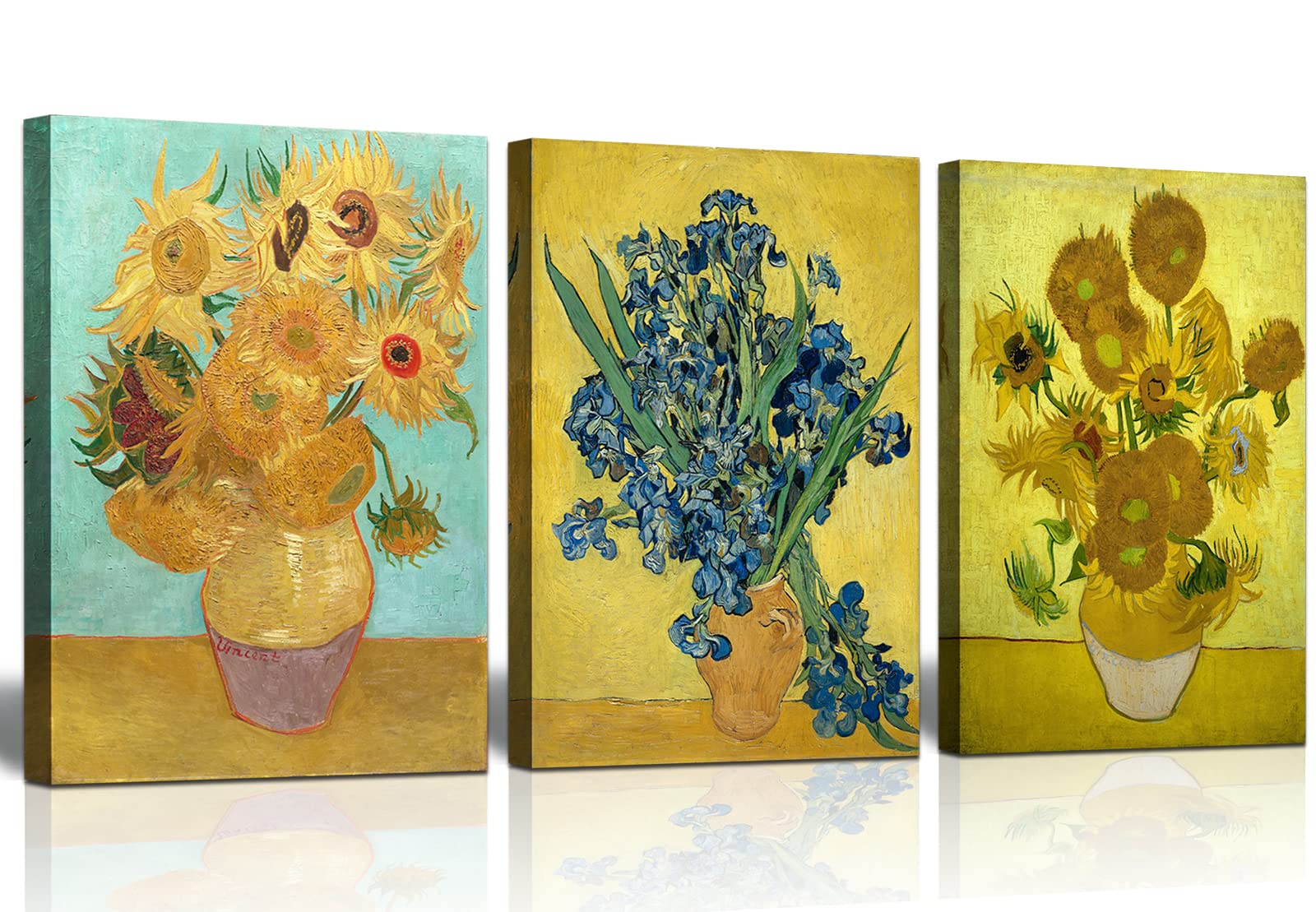 3 Panel Sunflower And Irises By Vincent Van Gogh Oil Paintings Reproduction Modern Floral Giclee Canvas Prints Artwork Flowers P