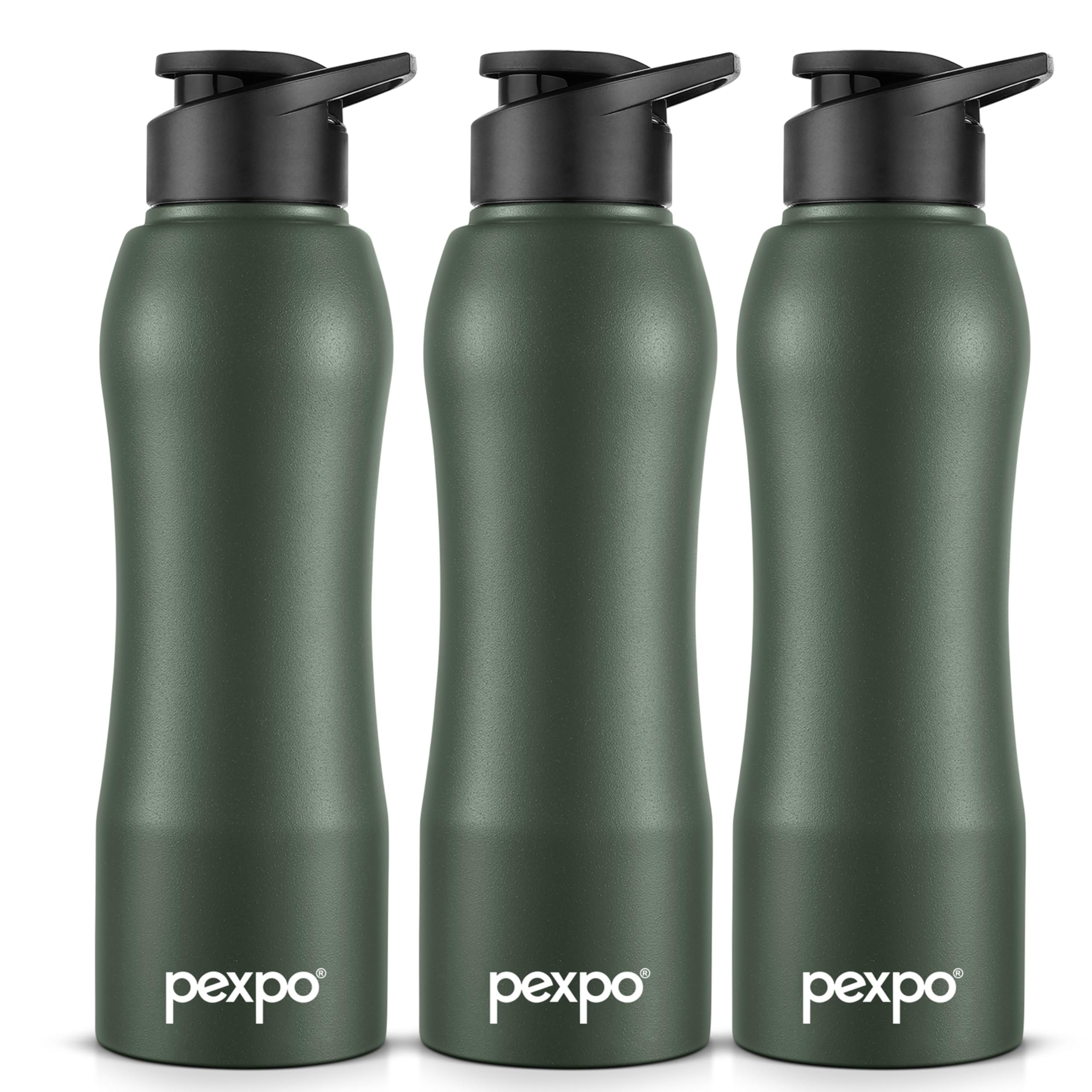 Pexpo Bistro Isi Certified Stainless Steel Fridge/Sports Sipper Water Bottle 1 Litre, Military Green, Pack Of 3|Single Wall|Easy