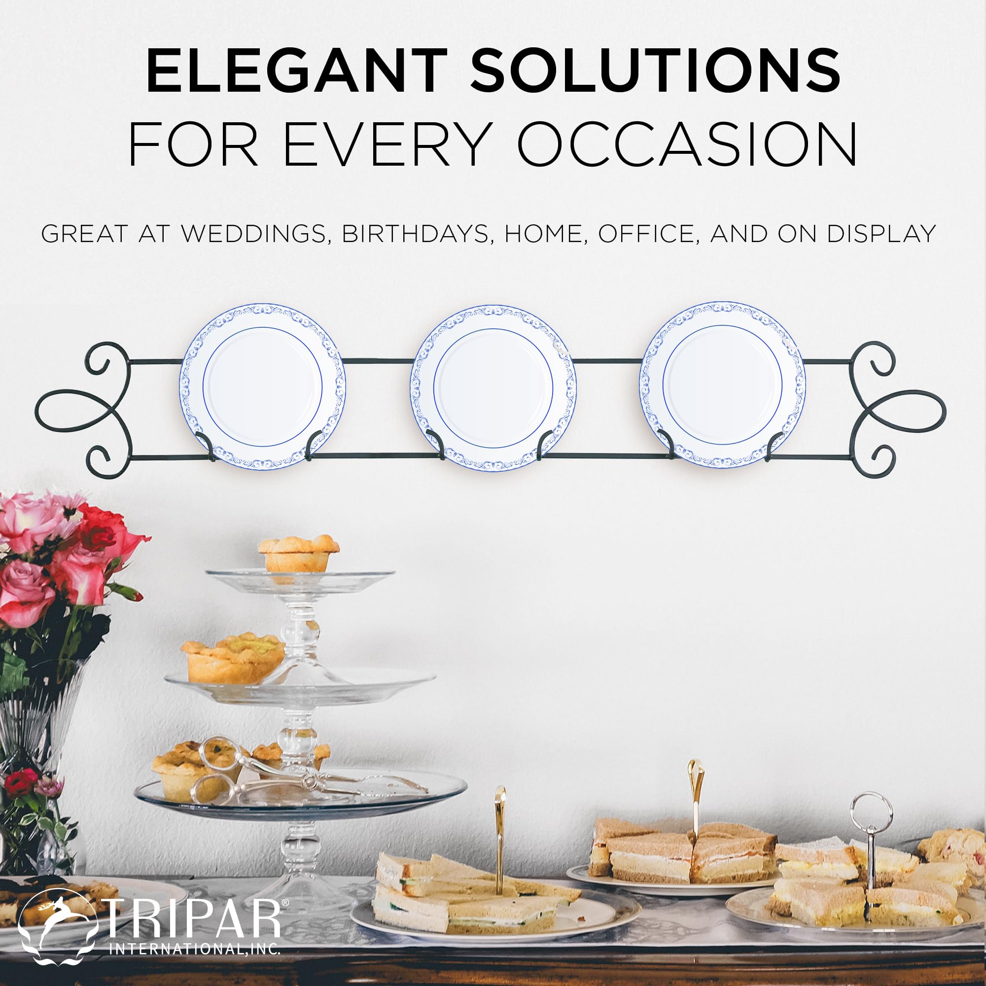 Tripar Horizontal Plate Rack, Black Display (3 Place) - Durable & Sturdy Metal Finish With Scroll Designs - Beautifully Showcase
