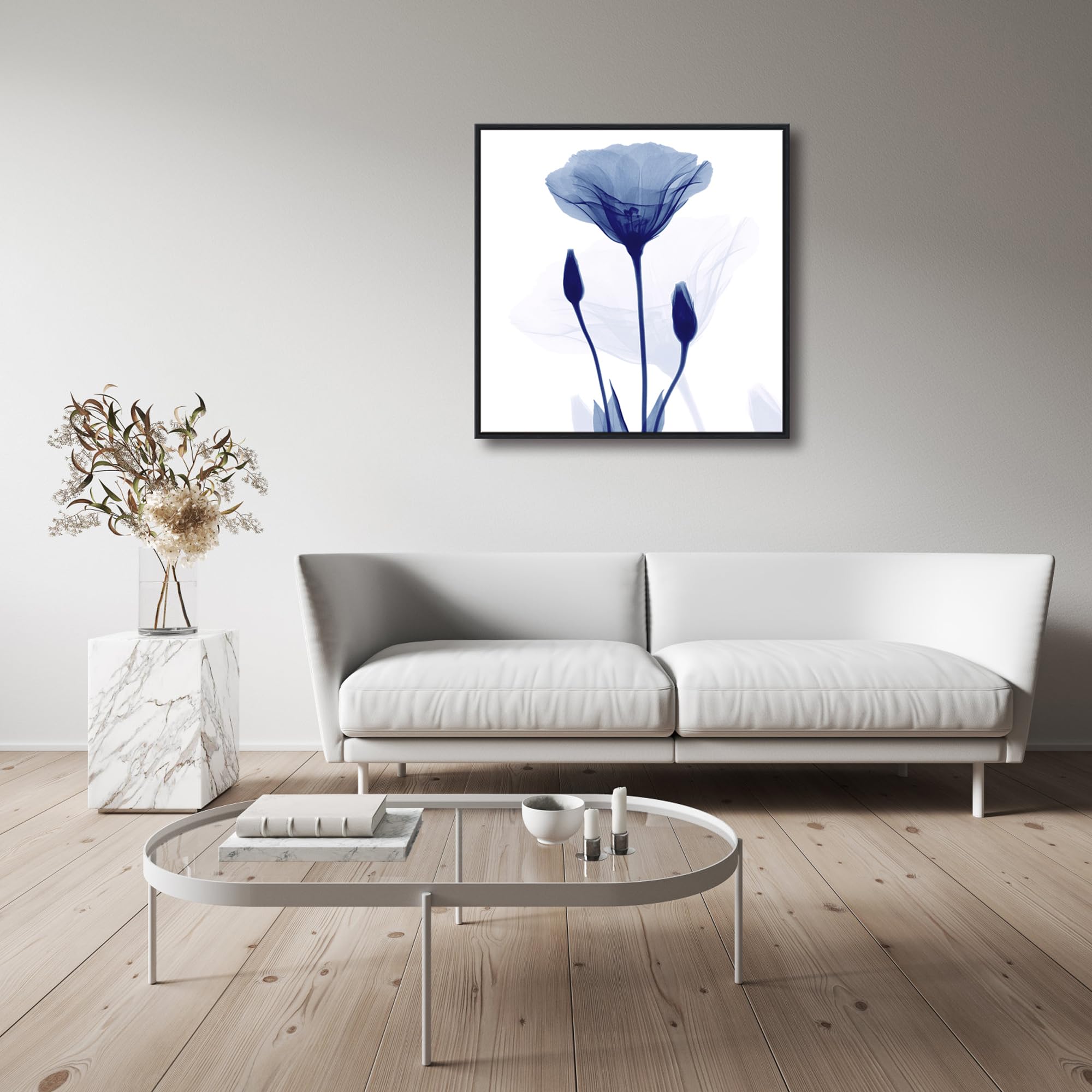 Pyradecor Large Black Framed Abstract Blue Flickering Flower Modern Paintings Canvas Wall Art Grace Floral Pictures On Canvas Pr