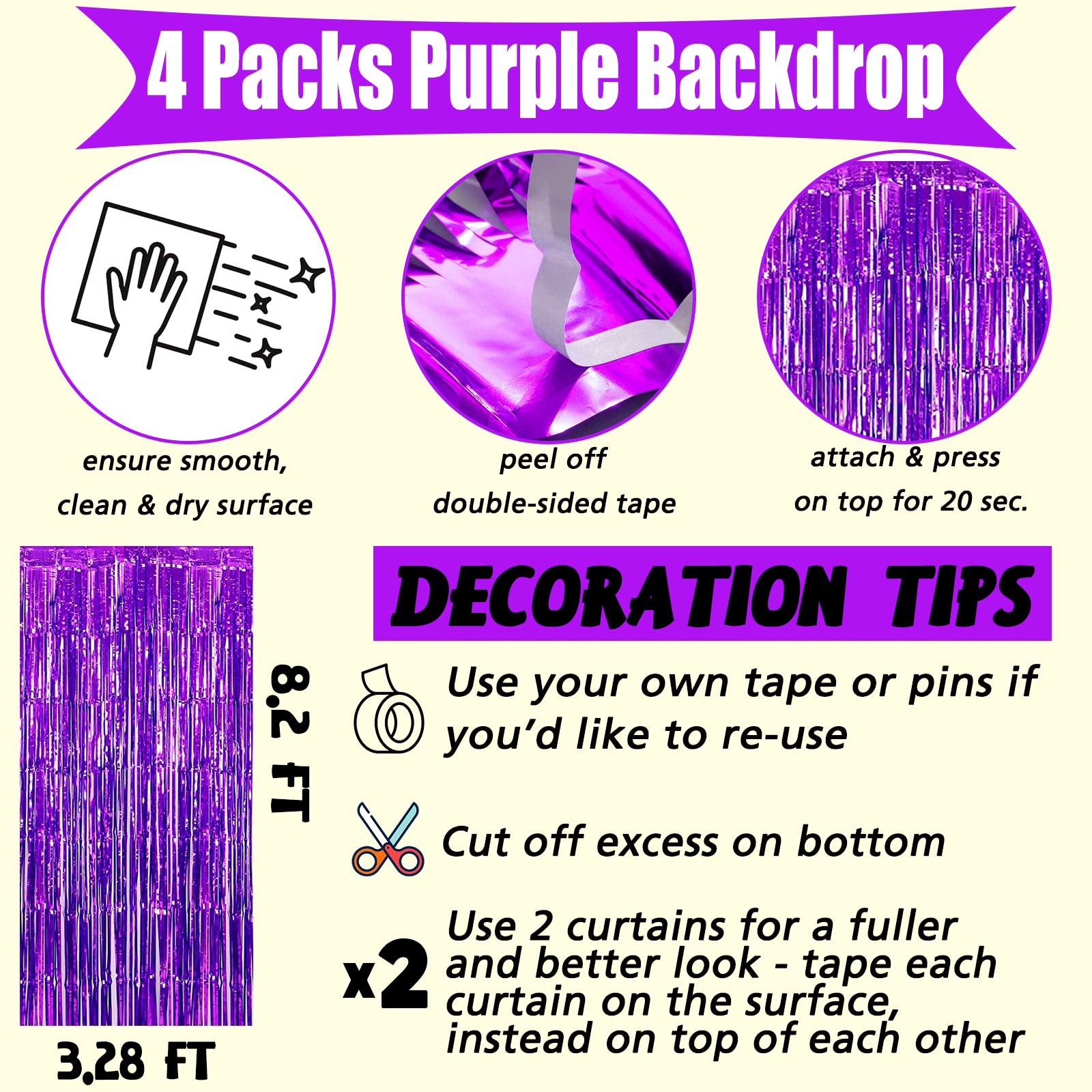 4 Pack Purple Fringe Curtain Backdrop  3.2Ft x 8.2Ft Metallic Tinsel Foil Fringe Streamers Curtains Background for Photo Booth Birthday Wedding Baby Shower Party Thanksgiving Christmas Decorations