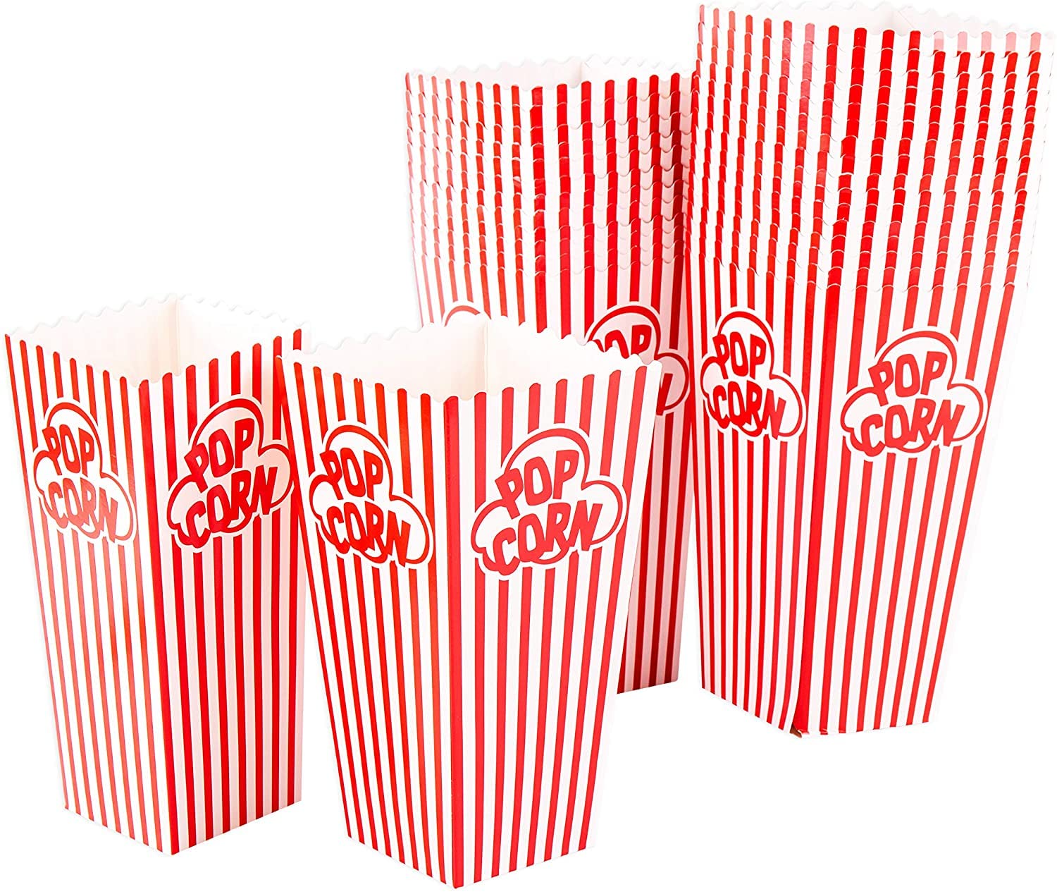 Popcorn Containers Boxes (100 Pack) - Striped White And Red Paper - For Home Movie Theater
