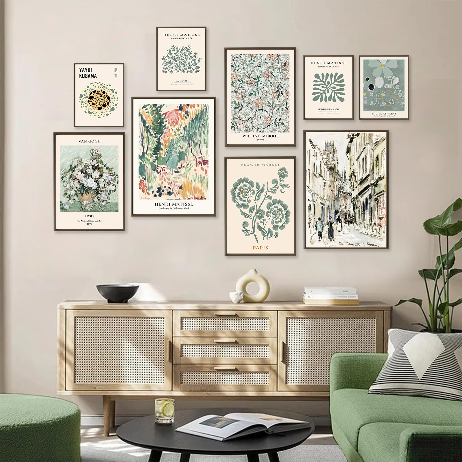 Sage Green Wall Art Prints Eclectic Decor, Astrdecor 9 Pcs Sage Green Wall Decor Aesthetic, Green Matisse Wall Art Exhibition Po