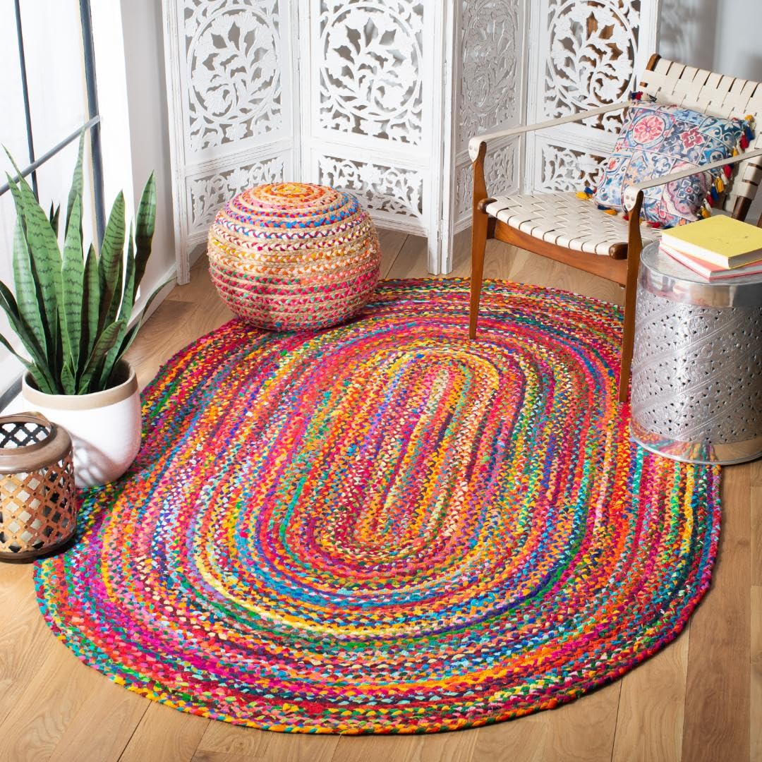 SAFAVIEH Braided Collection 6 x 9 Oval Red / Multi BRD210A Handmade Boho Reversible Cotton Area Rug