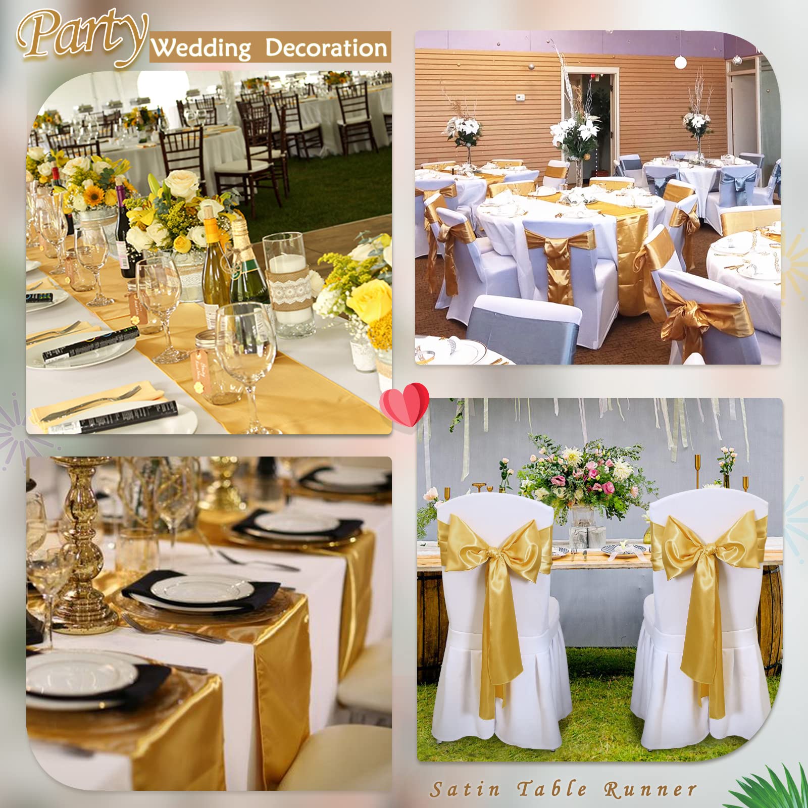 5 Pack Satin Table Runners 12 X 108 Inches Long Silk And Smooth Fabric Gold Table Runner For New Year Party Wedding Banquet Birt