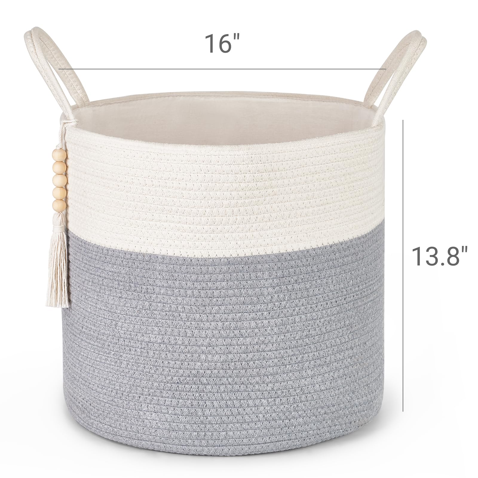Mkono Woven Storage Basket Decorative Rope Basket Wooden Bead Decoration For Blankets,Toys,Clothes,Plantorganizer Bin With Handl