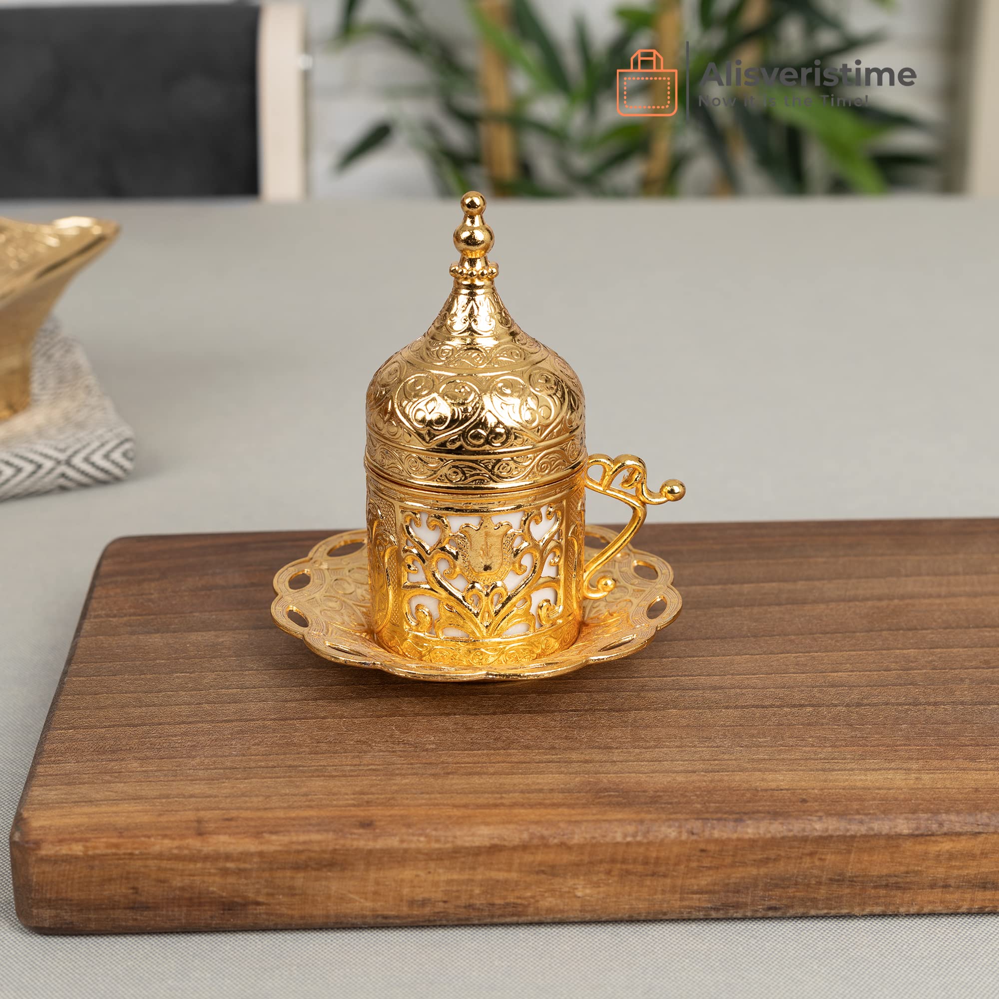 Alisveristime 6-Piece Set Turkish Espresso Coffee Cups With Saucer, Lid, Traditional Ottoman Tulip Motif (Multiple Color Variati