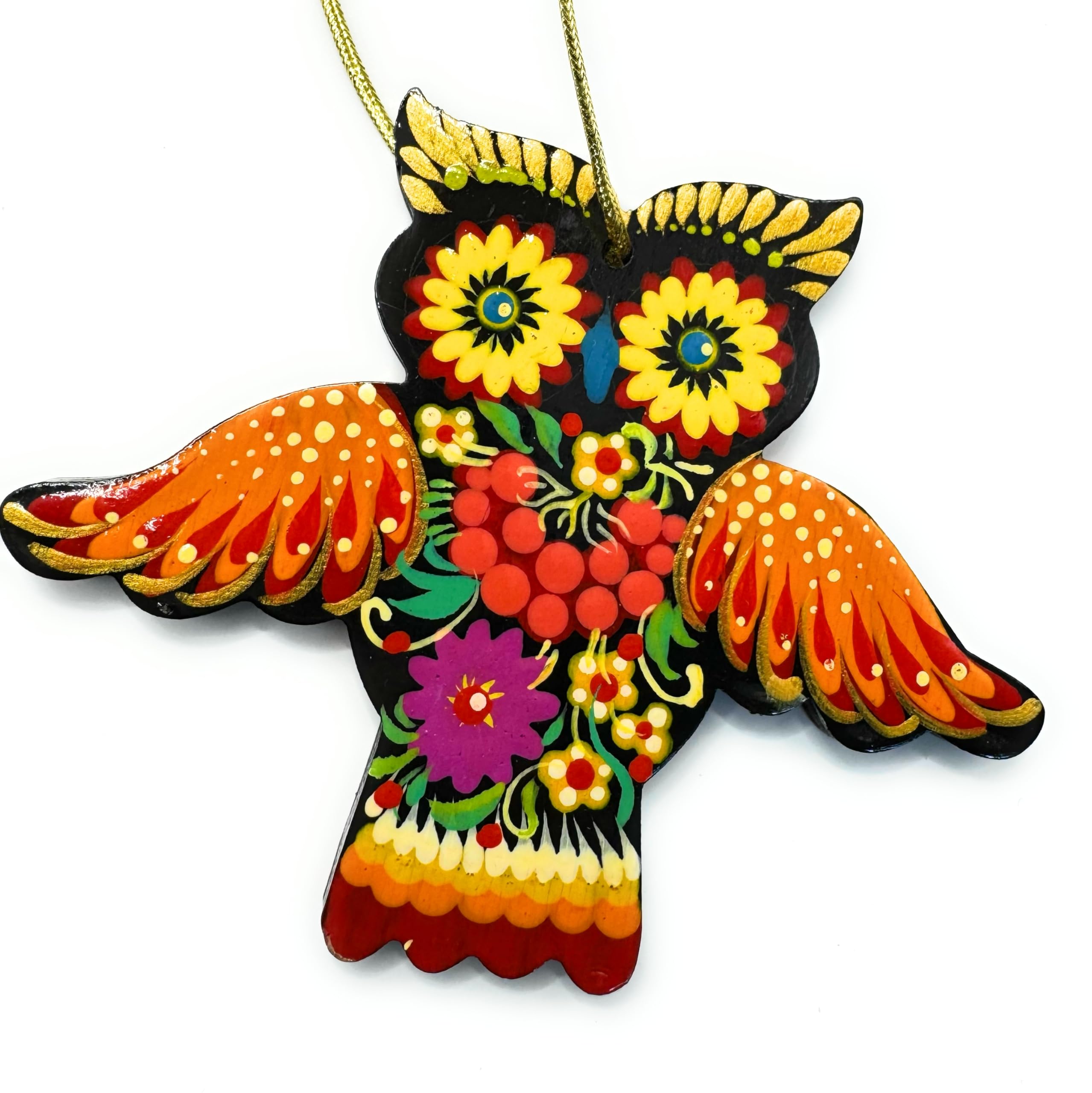 Christmas Tree Ornament Owl Made of Wood 4,7 ? 3,7 ? 0,2 Inch Colorful Hand-painted on both sides according to Ukrainian Traditi