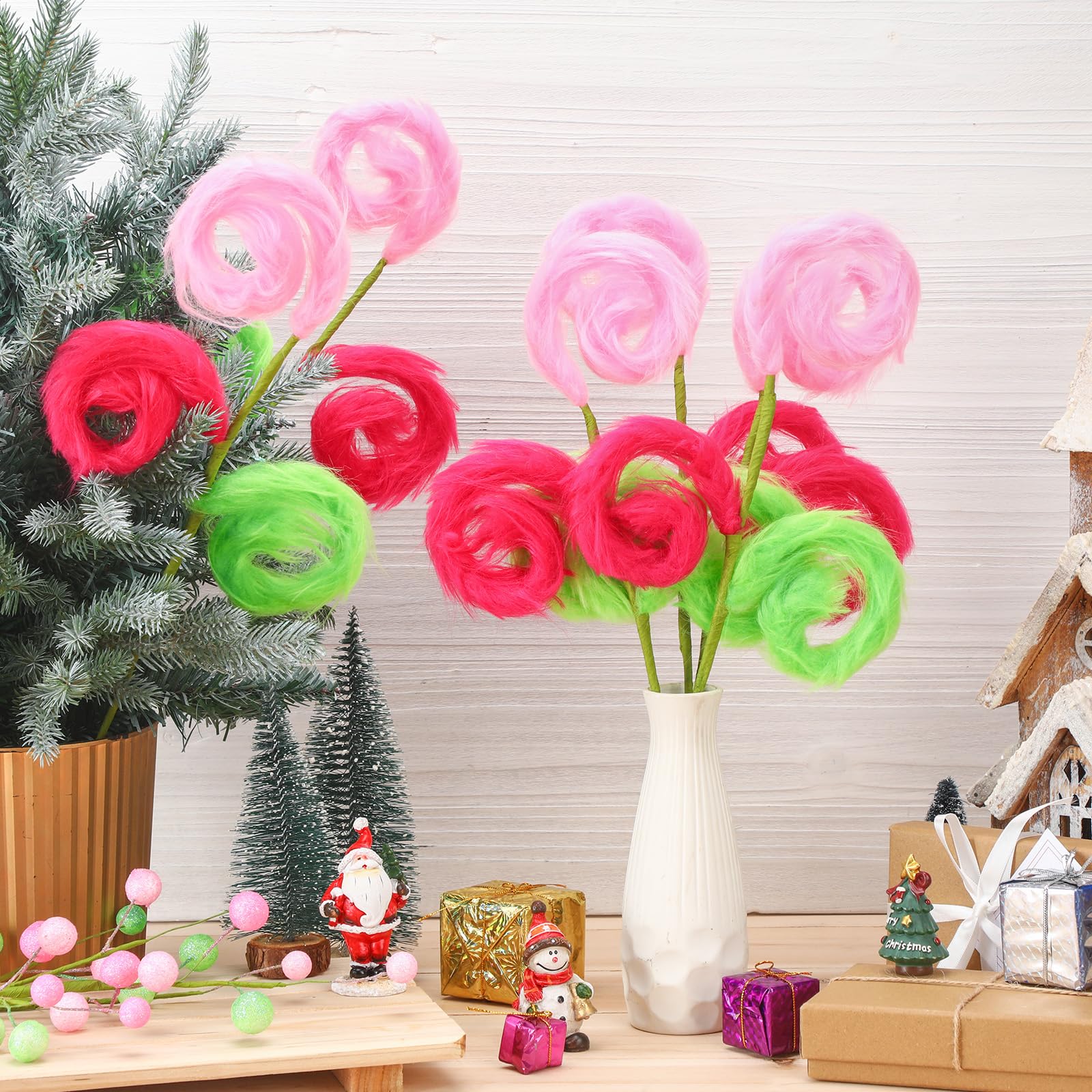 XunYee 6 Pcs Christmas Tree Picks 17in Pink and Lime Green Furry Christmas Tree Topper Spiral Curly Picks Pink and Green Furry T