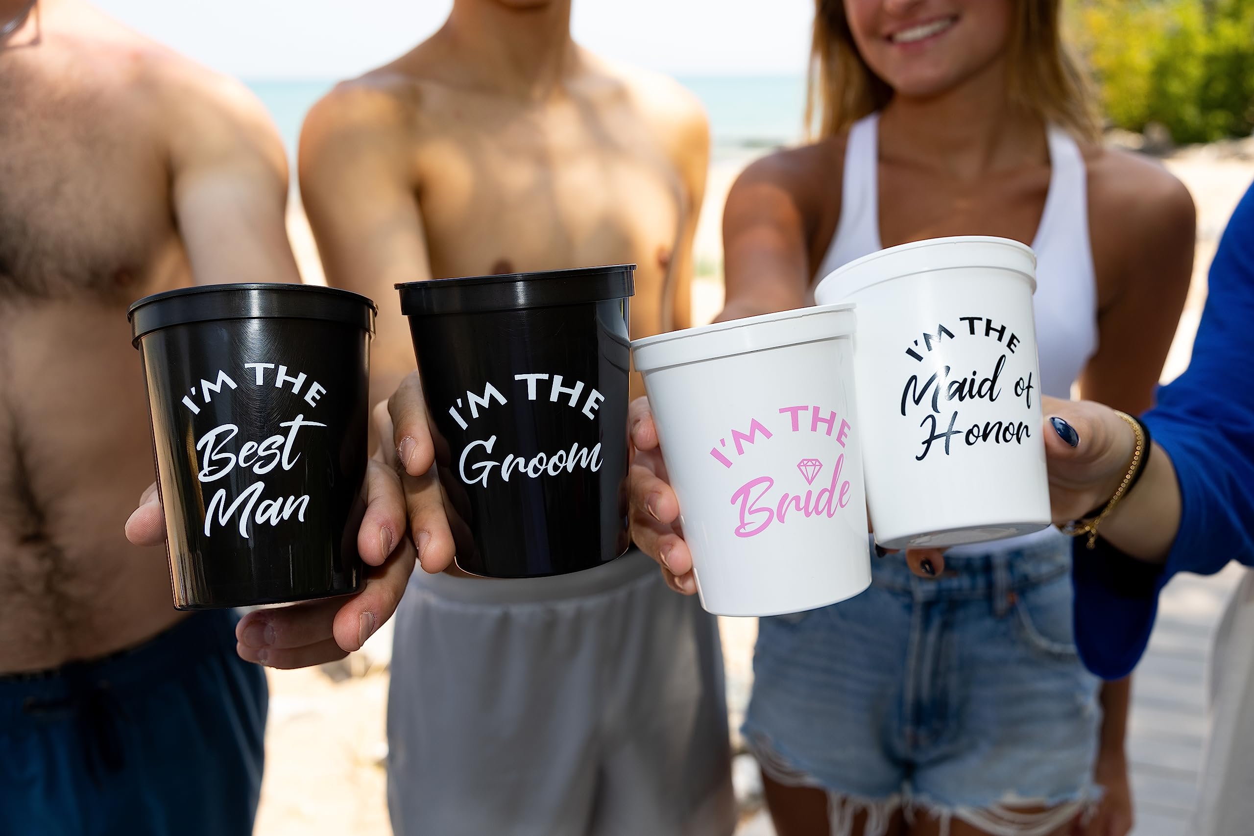 Funky Junque 12 Pk - Party Cup Bundle - I'M The - Bride (White/Pink), Maid Of Honor, Groom, Best Man, 4 Bridesmaid, 4 Groomsman