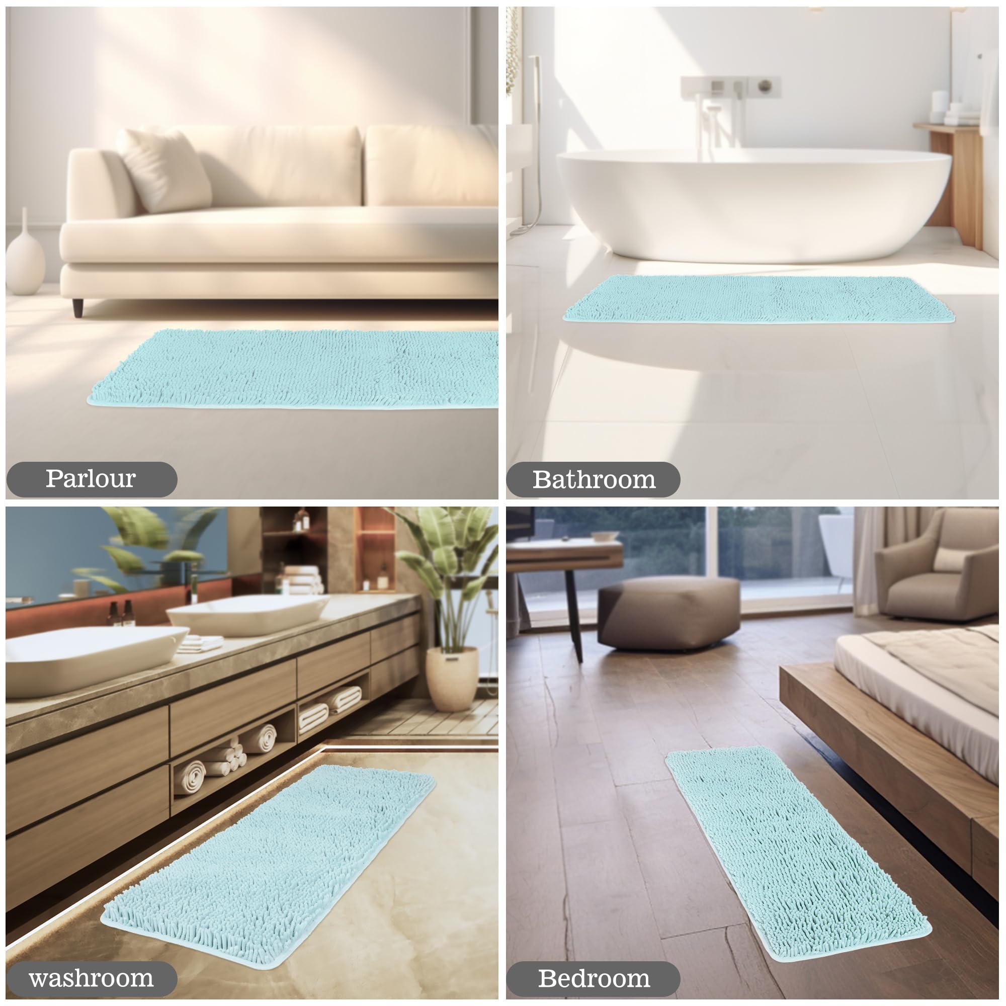 Yeaban Aqua 47 X 17 Bathroom Rug - Thick Chenille Bath Mats | Absorbent And Washable Bath Rug Non-Slip, Plush And Soft Rugs For