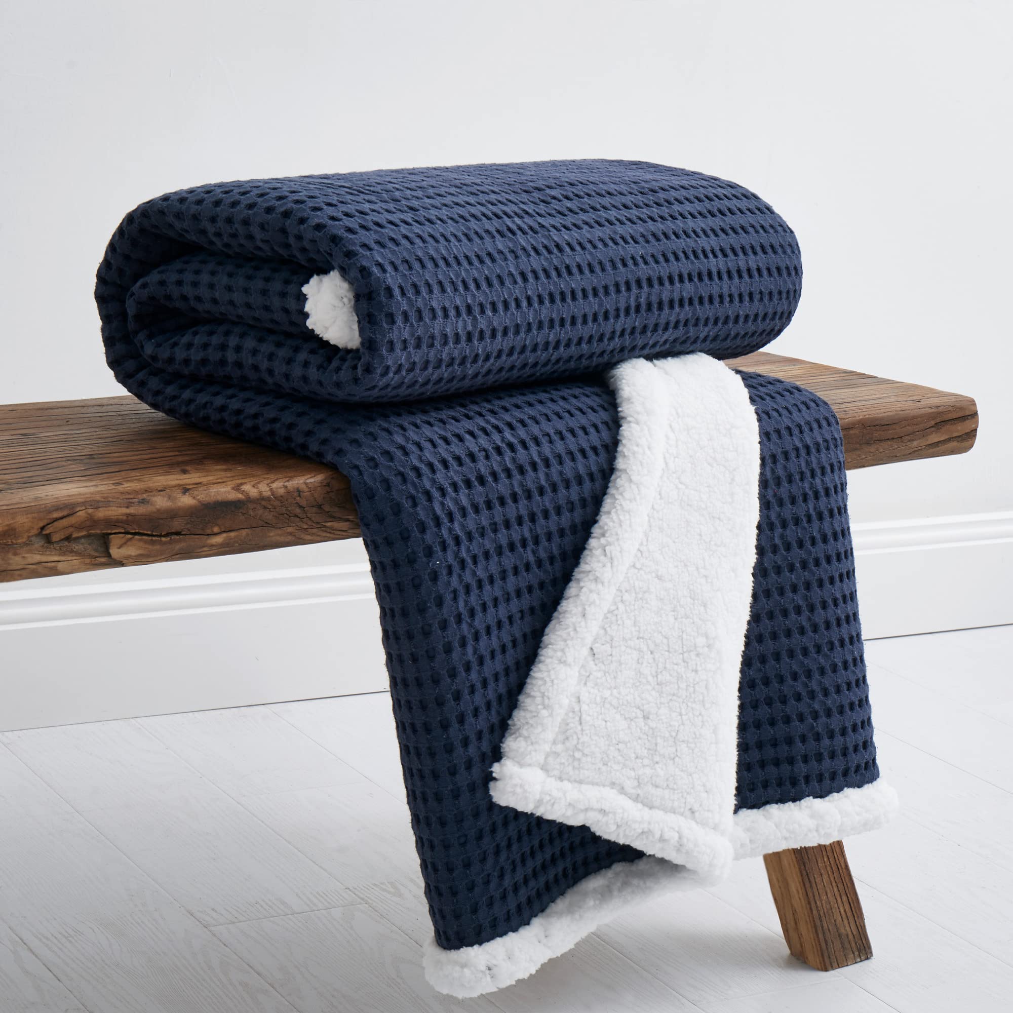 Levtex Home - Mills Waffle - Sherpa Throw - Navy Cotton Waffle - Quilt Size (50X60In)