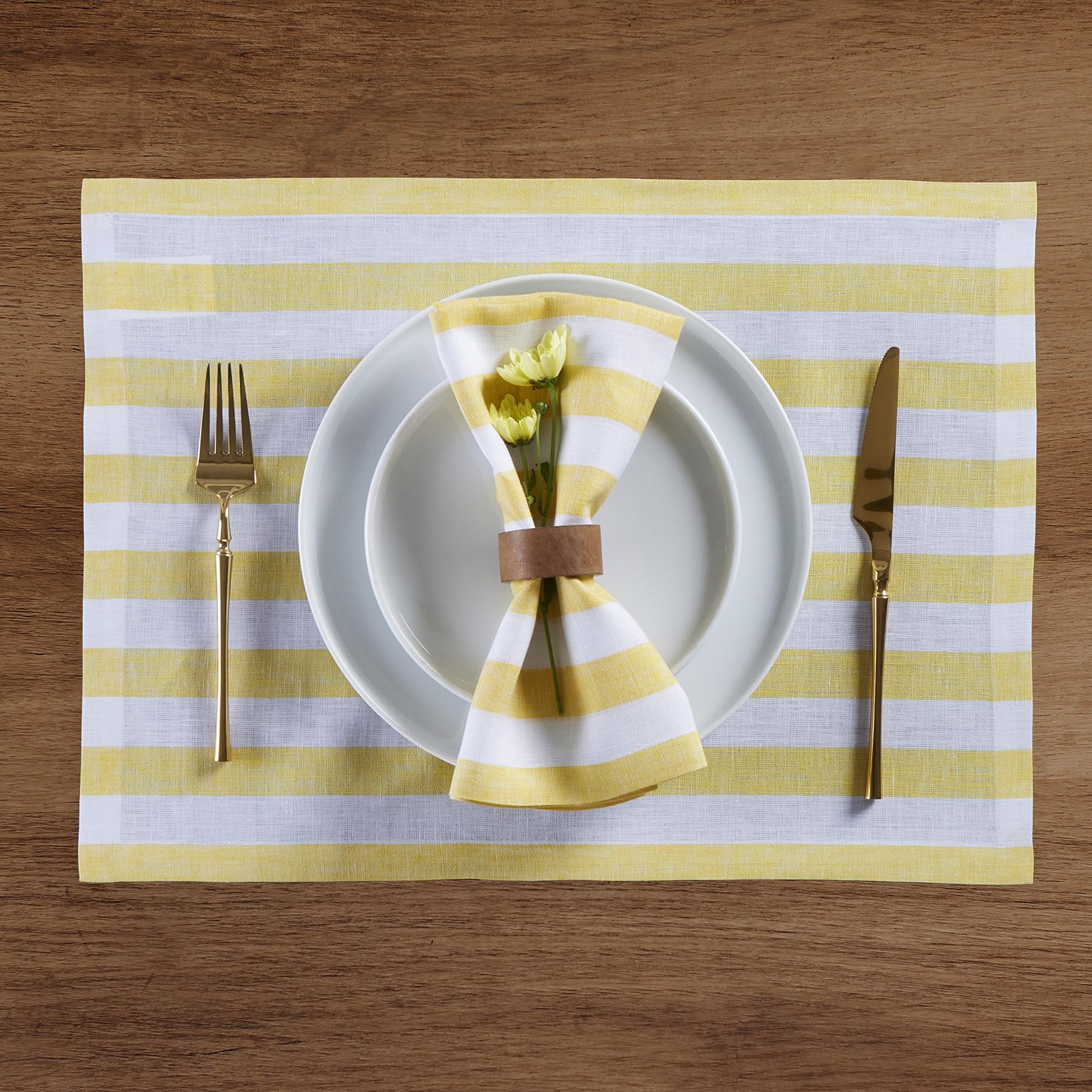 Solino Home Stripe Linen Placemats 19'' L X 14'' W Inch - 100% Pure Linen Yellow And White Cloth Placemats Set Of 4 - Sorrento S