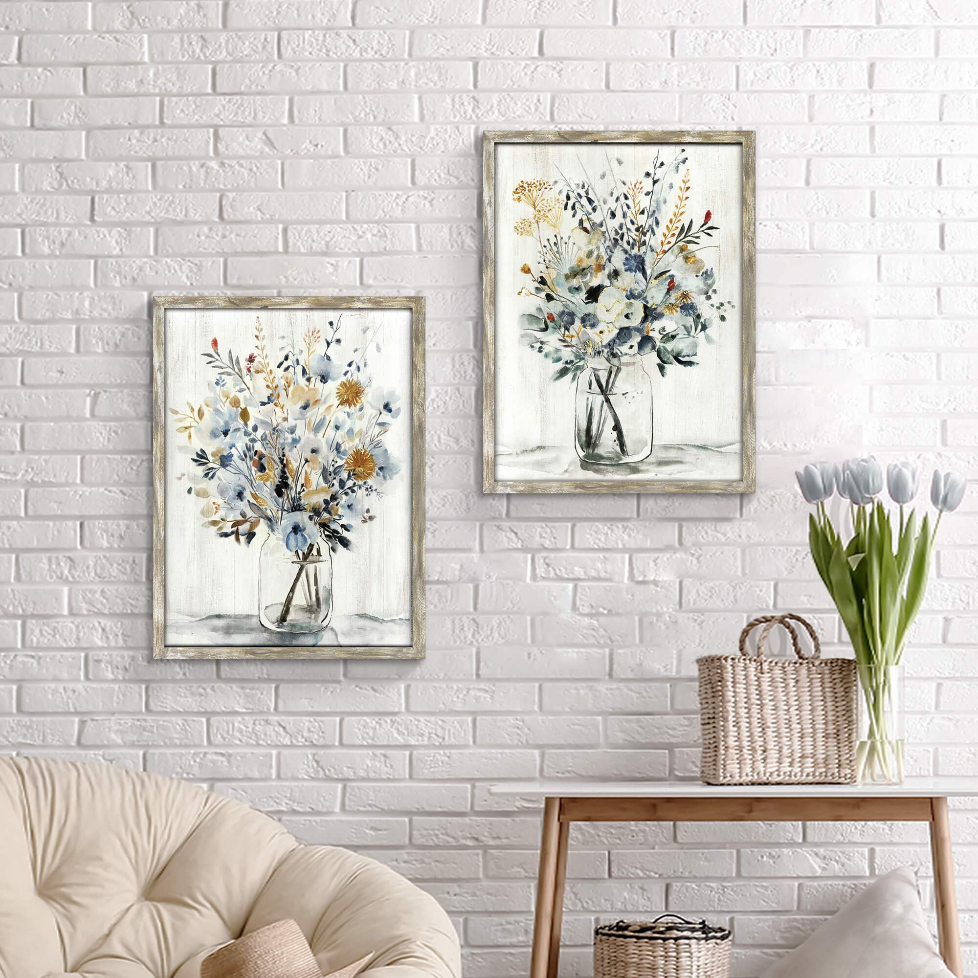 Floral Picture Wall Art Painting: Blossom Bouquet Flowers Print On Rustic Wood And Handcrafted Wooden Framed Artwork For Home An