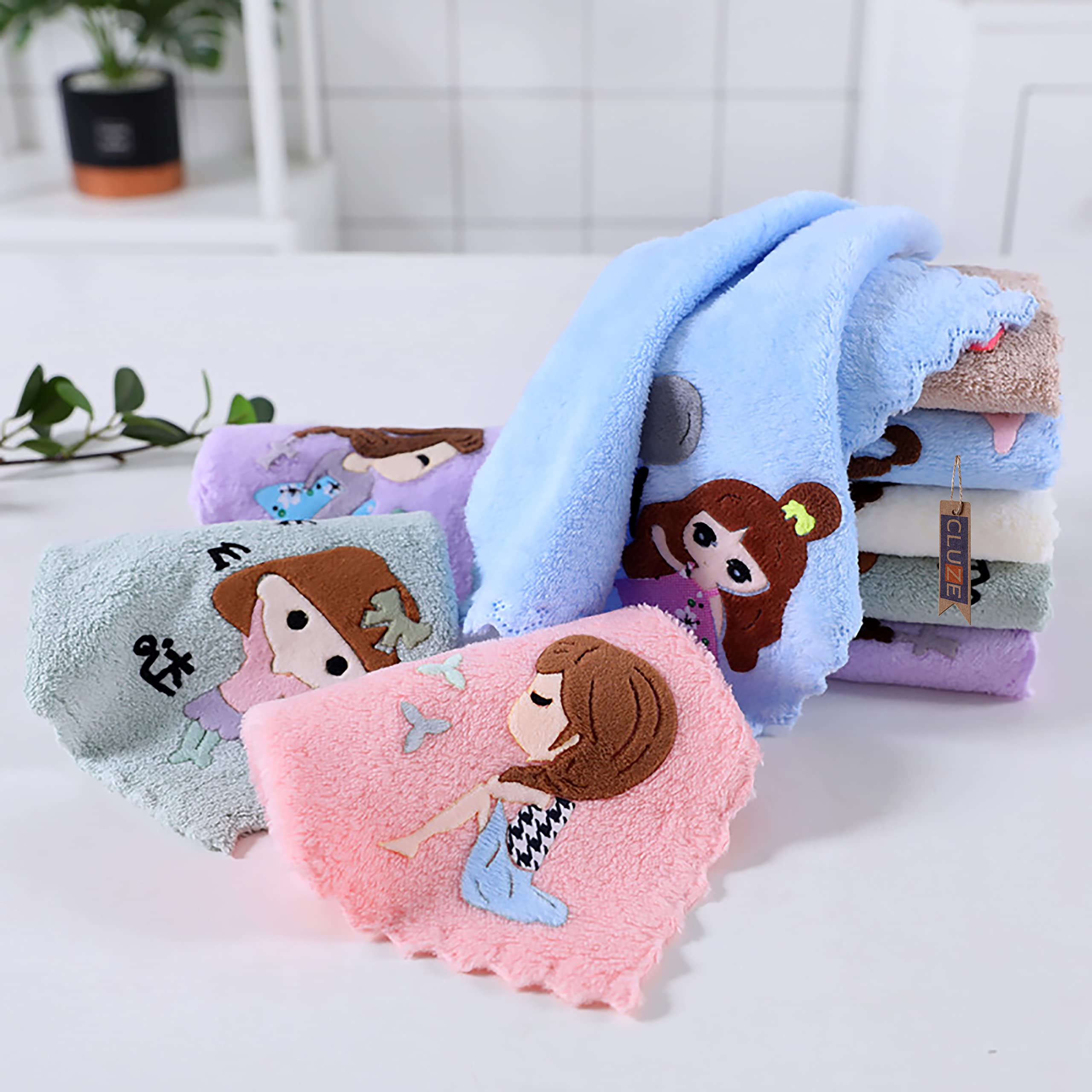 Cluze Microfiber Wash Towels Quick Absorbent Soft Coral Fleece Kids Handkerchief- Face Towel For Girls Cute Doll Embroidered Han