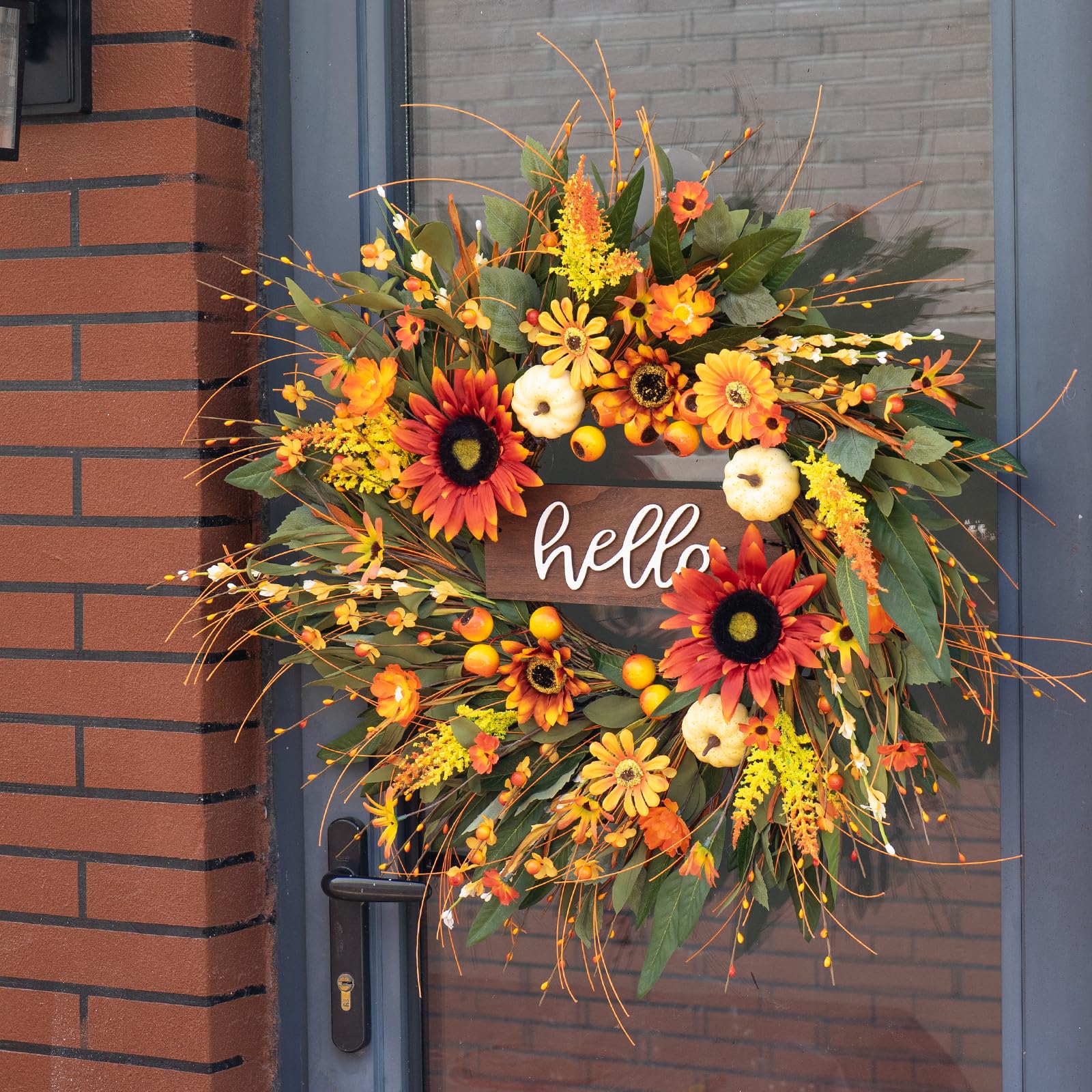 24 Inch Fall Wreaths for Front Door Outside- Pinkpuii Artificial Autumn Wreath with Sunflowers,Pumpkins & Hello    Sign- Lifelik